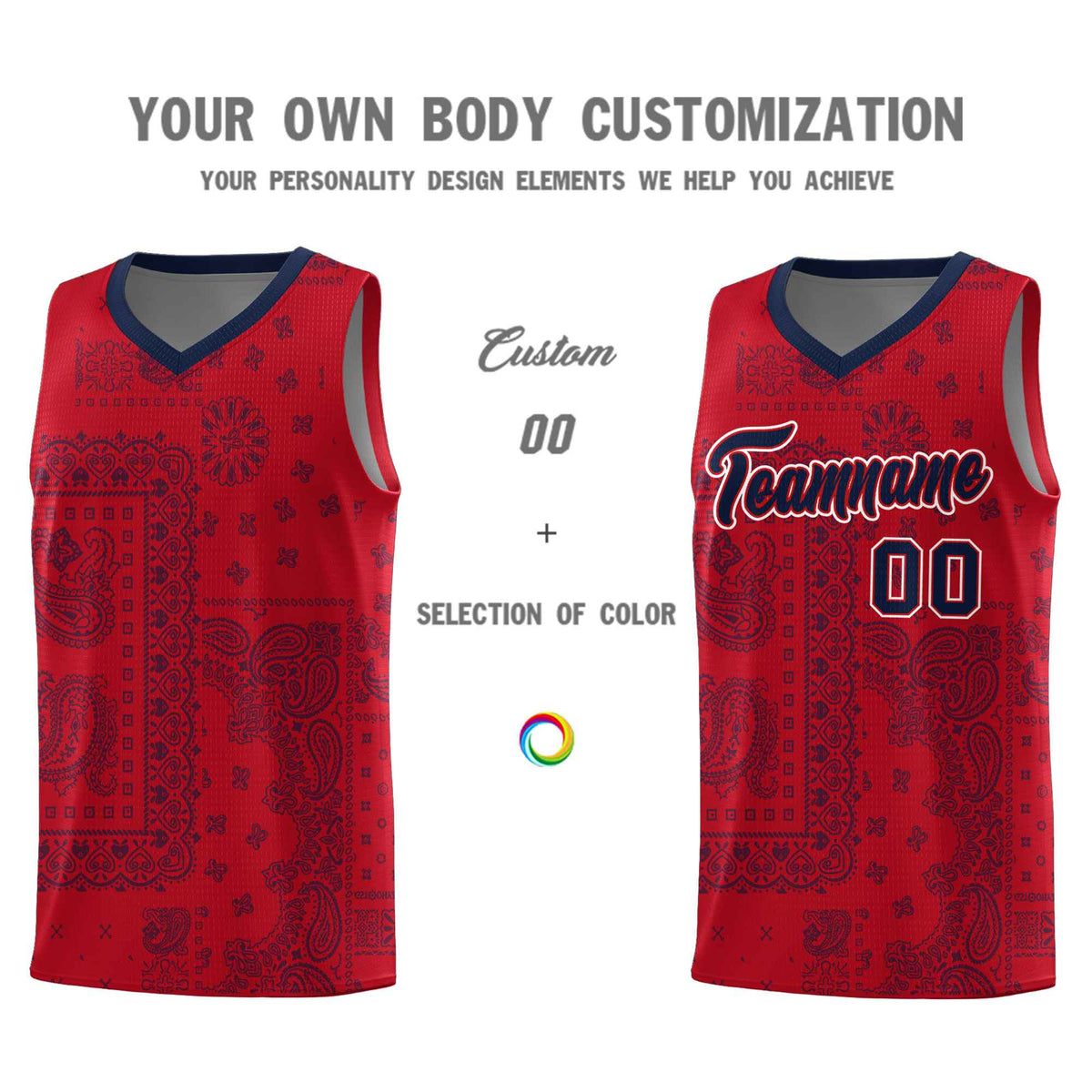 Custom Red Basketball Kits With Navy Cashew Flower Print Pattern