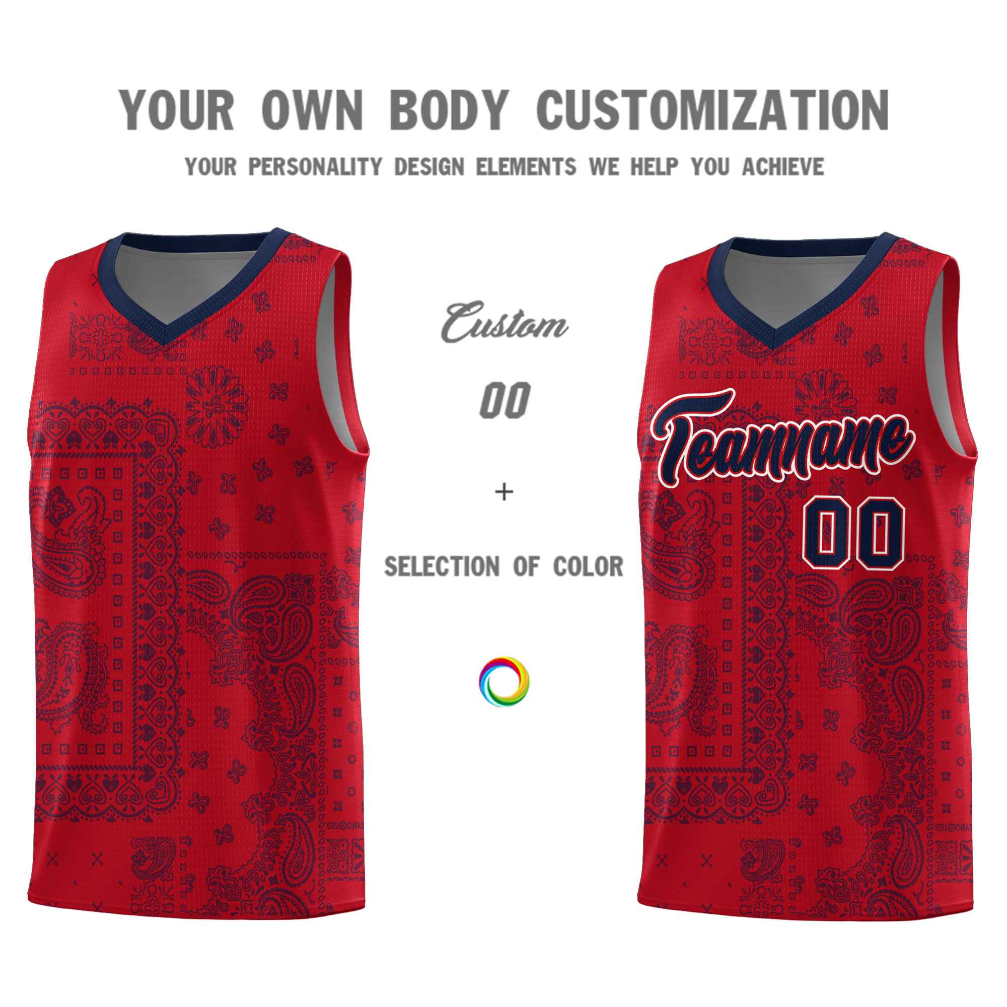 Custom Red Basketball Kits With Navy Cashew Flower Print Pattern