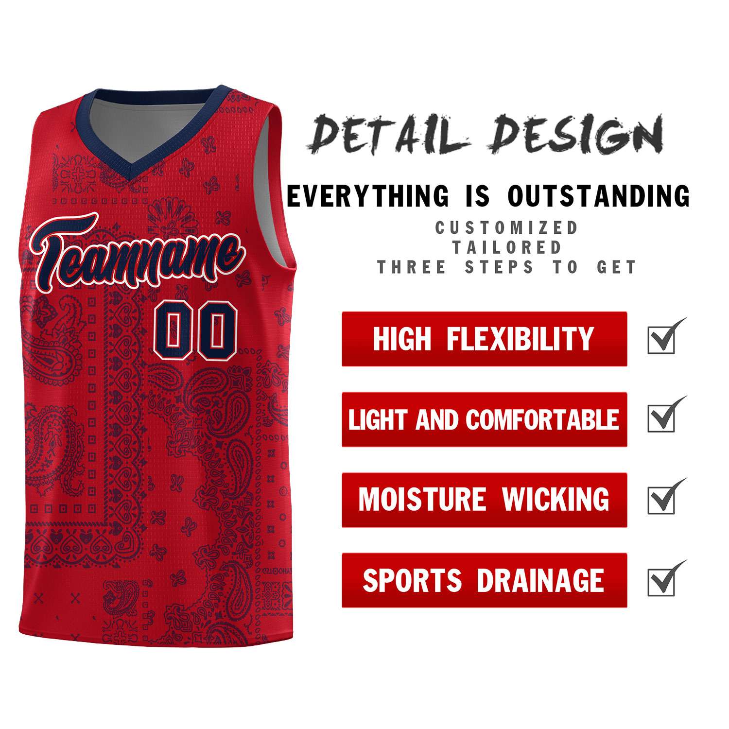Custom Red Basketball Kits With Navy Cashew Flower Print Pattern