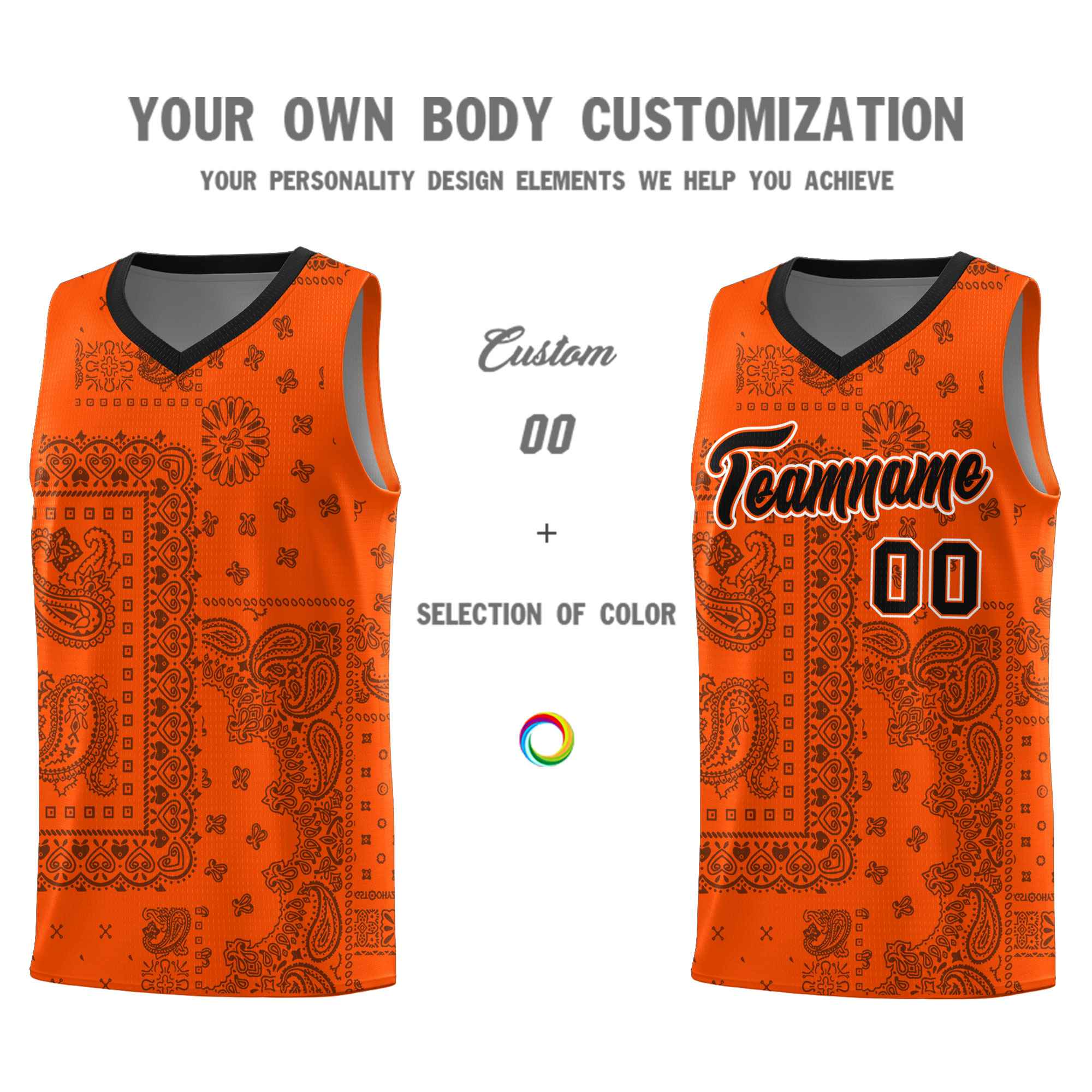 Custom Orange Basketball Kits With Black Cashew Flower Print Pattern