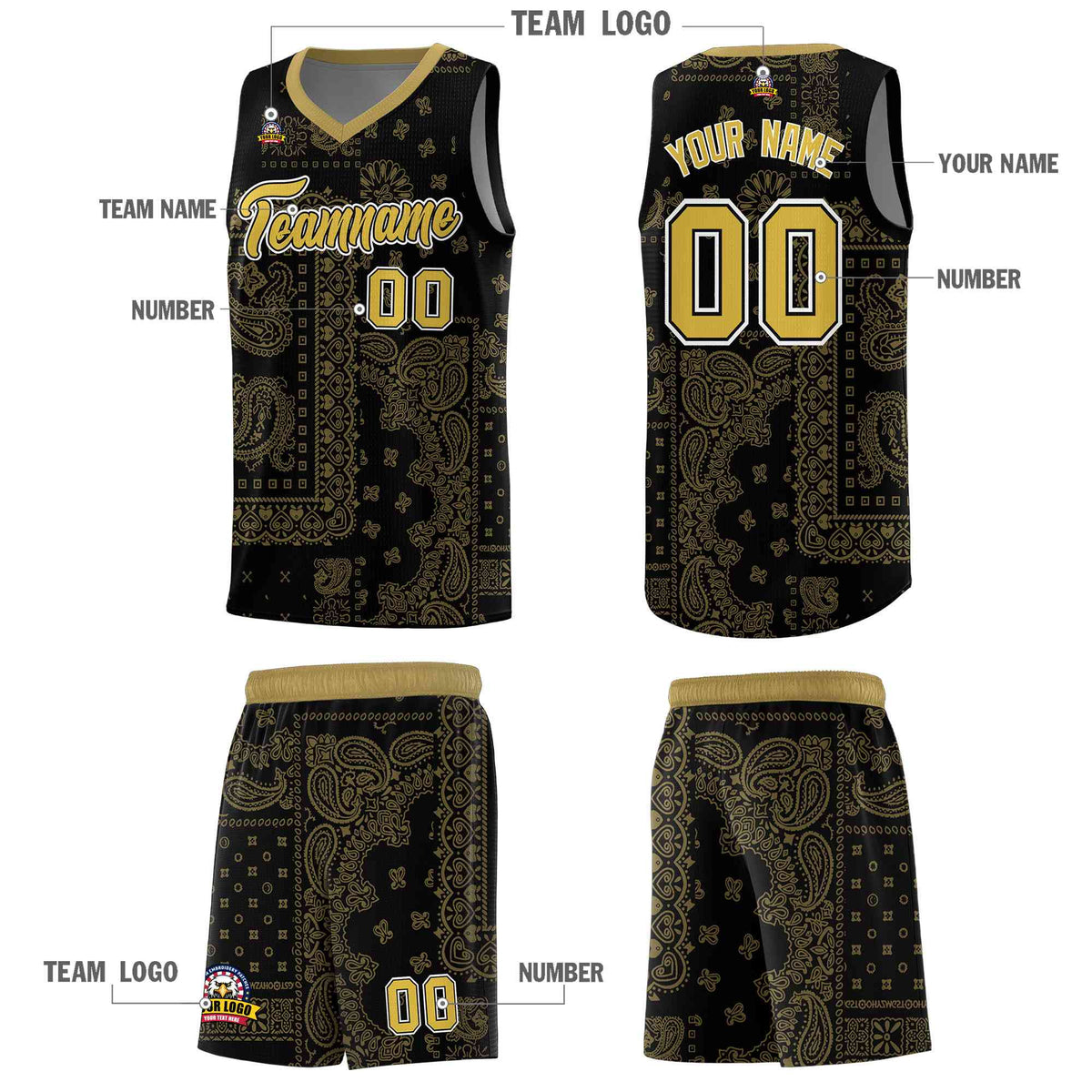 Custom Black Basketball Kits With Old Gold Cashew Flower Print Pattern