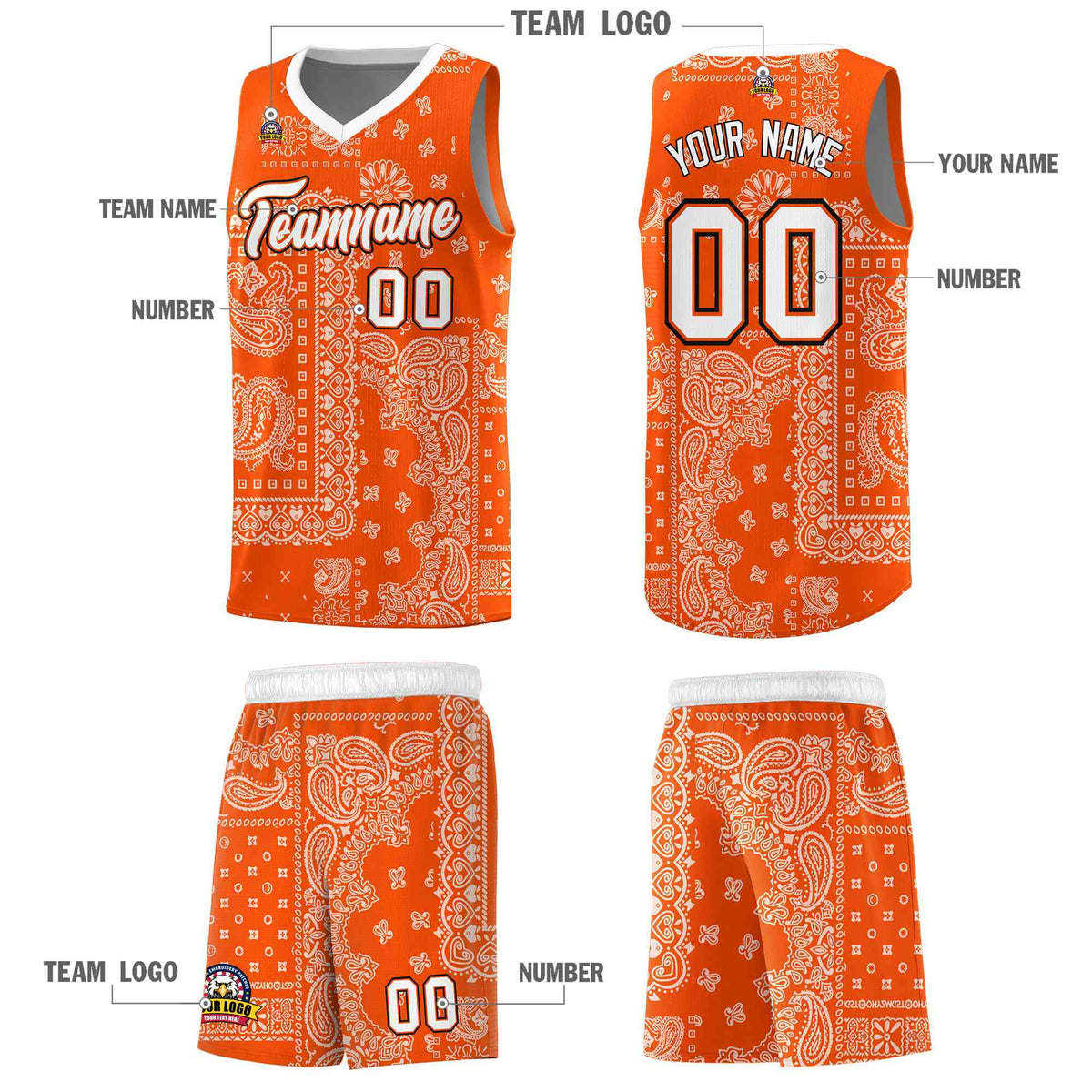 Custom Orange Basketball Kits With White Cashew Flower Print Pattern
