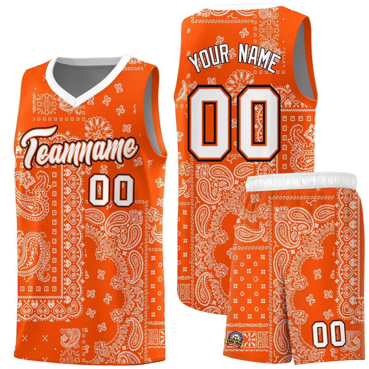 Custom Orange Basketball Kits With White Cashew Flower Print Pattern