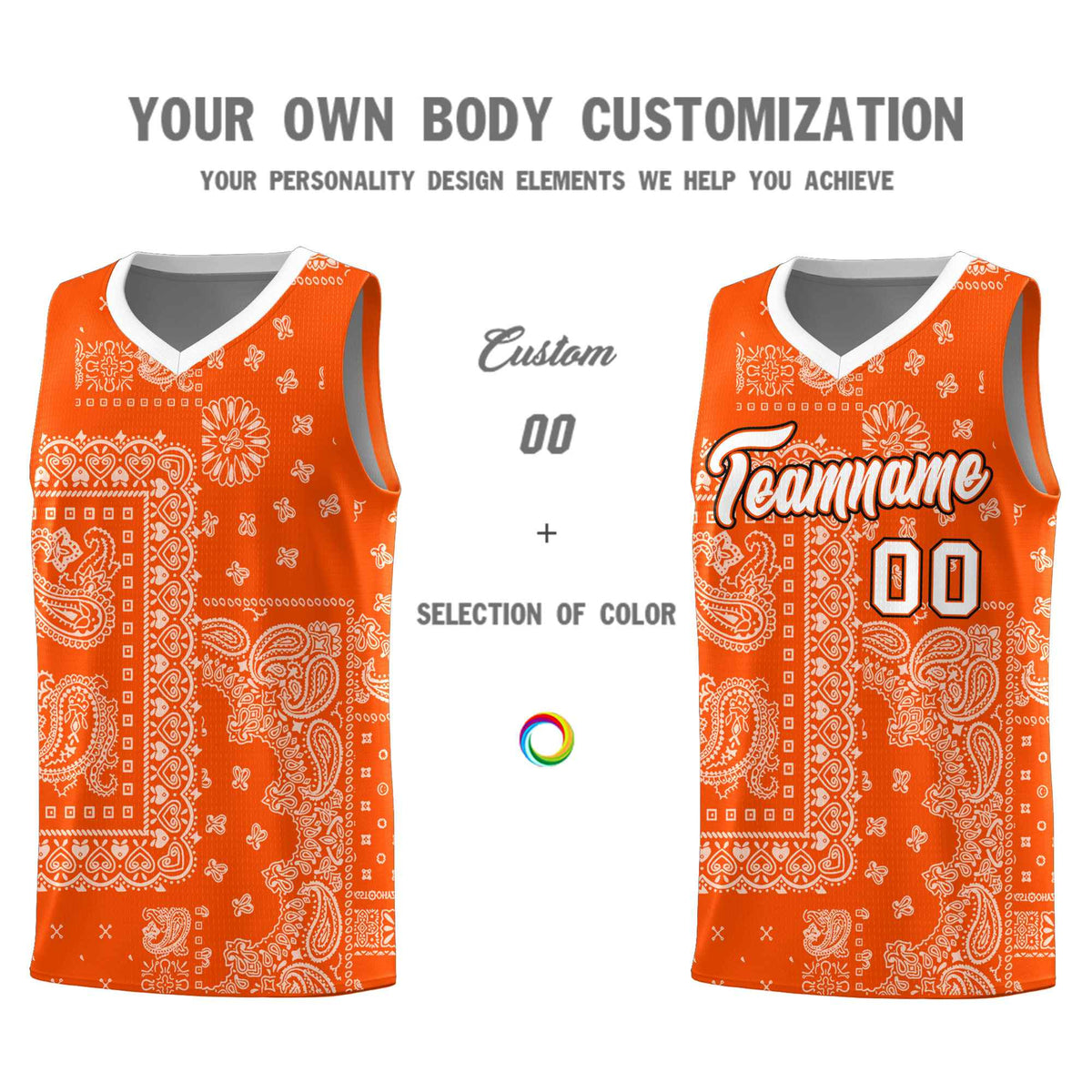 Custom Orange Basketball Kits With White Cashew Flower Print Pattern