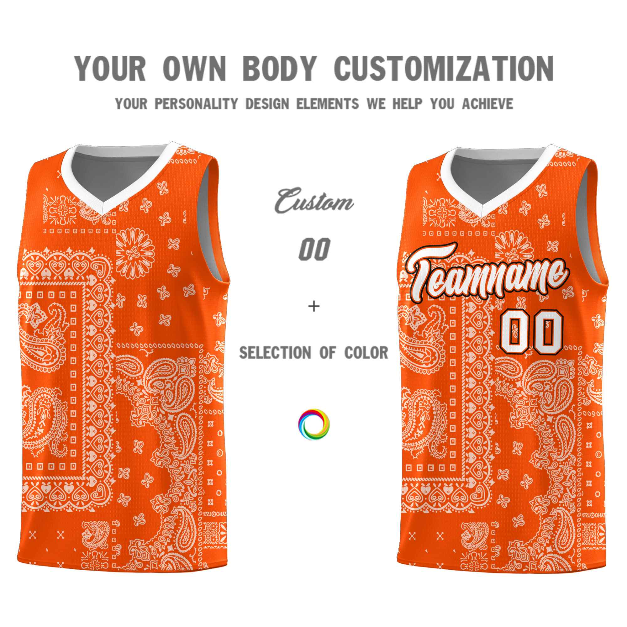 Custom Orange Basketball Kits With White Cashew Flower Print Pattern