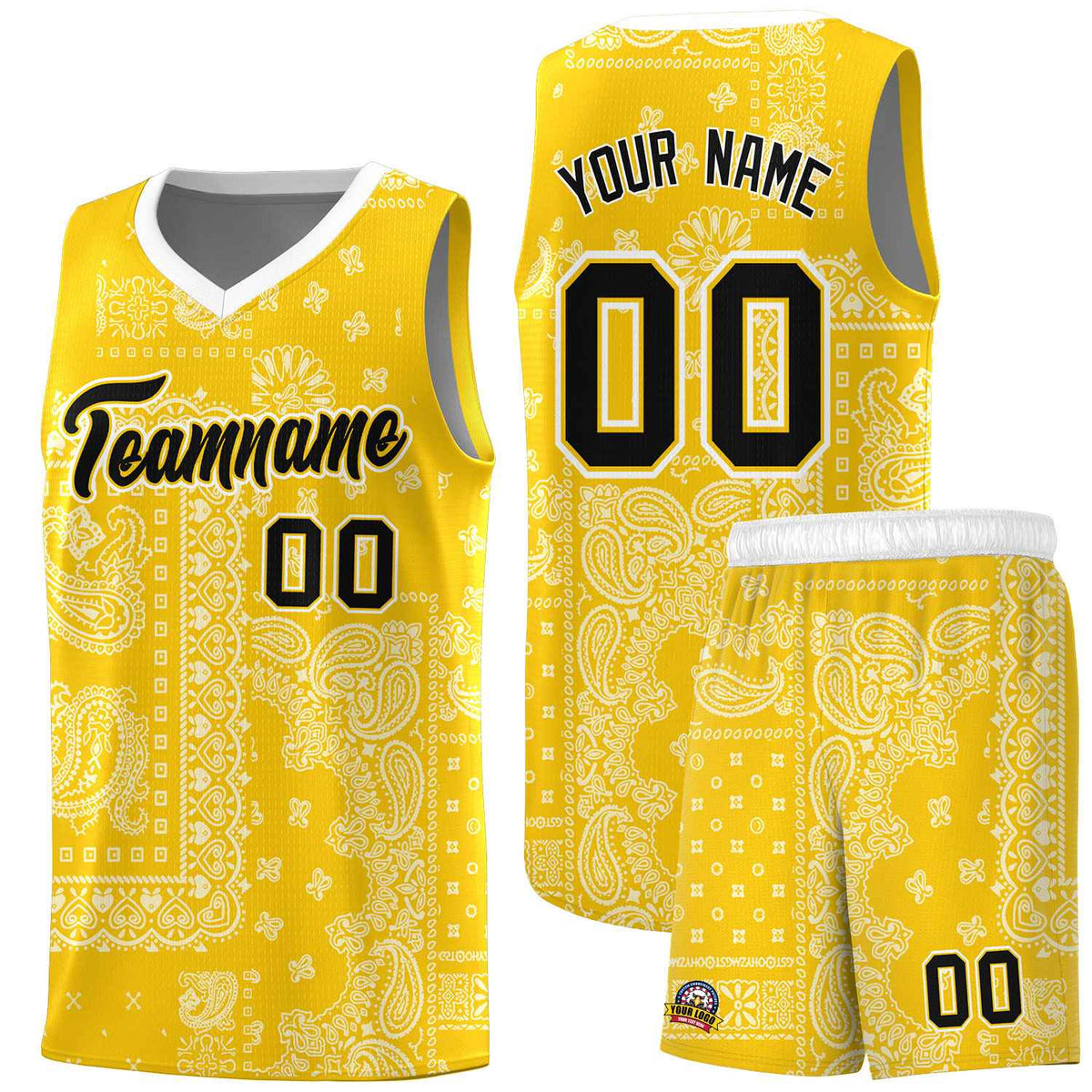 Custom Gold Basketball Kits With White Cashew Flower Print Pattern