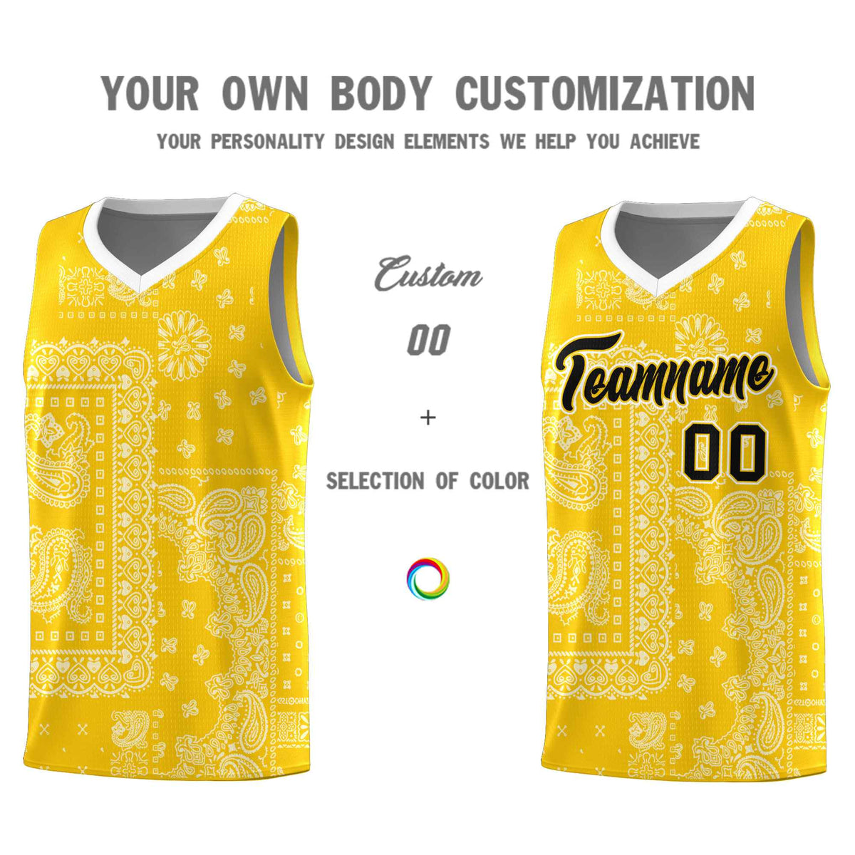 Custom Gold Basketball Kits With White Cashew Flower Print Pattern