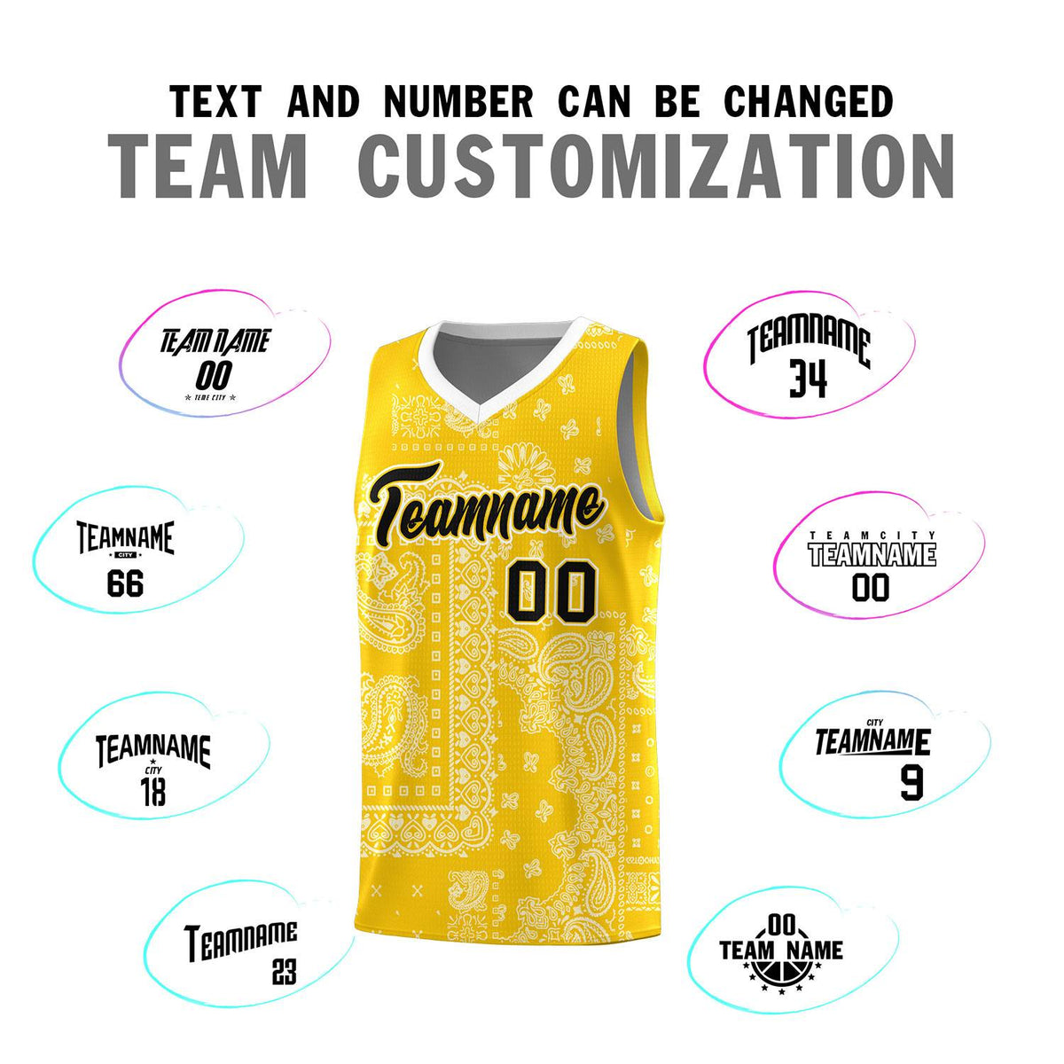 Custom Gold Basketball Kits With White Cashew Flower Print Pattern