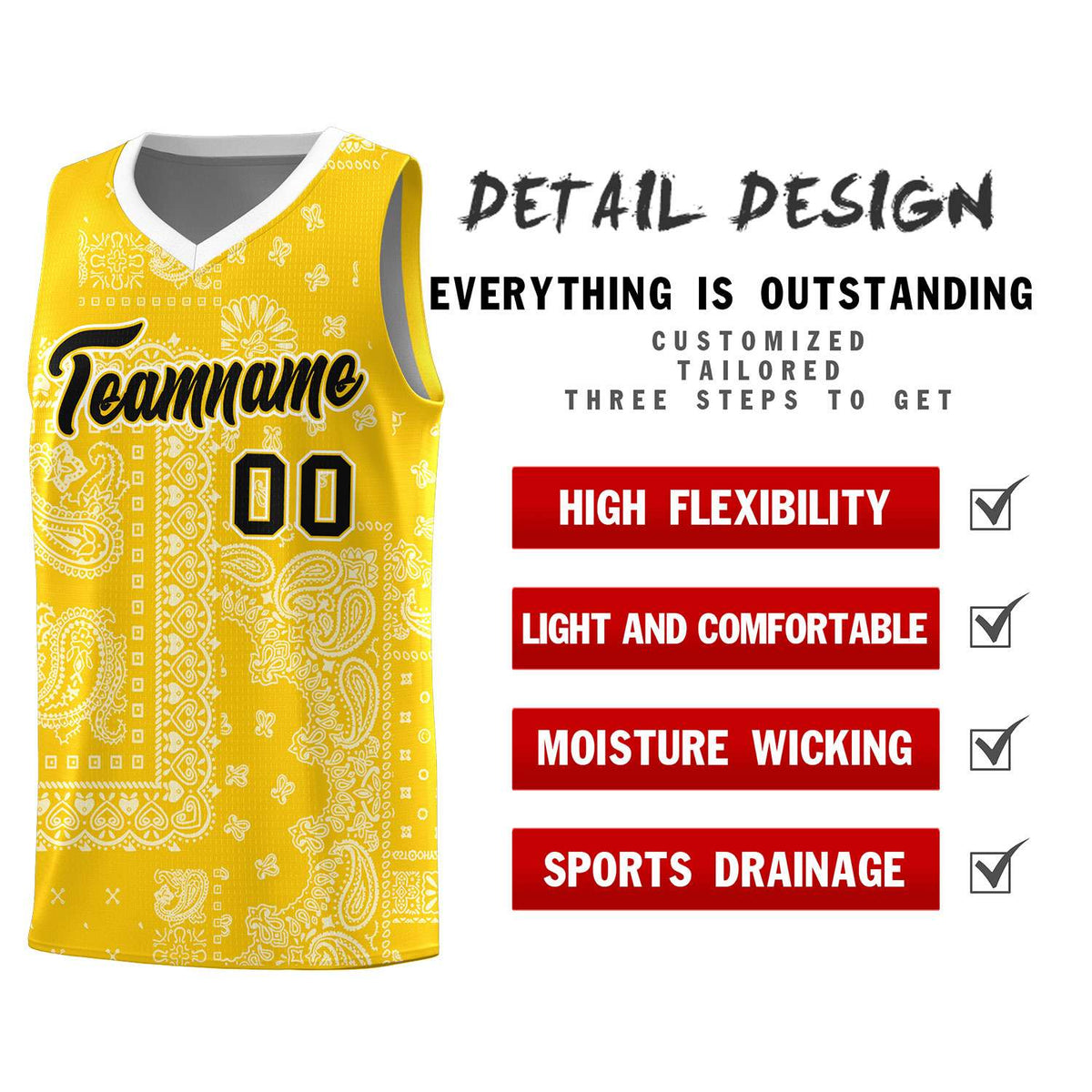 Custom Gold Basketball Kits With White Cashew Flower Print Pattern