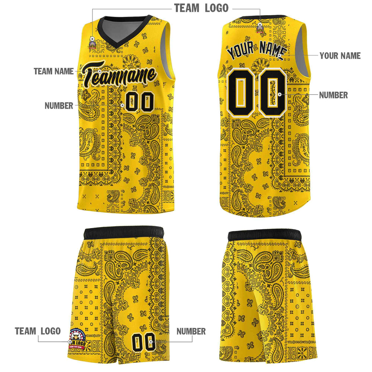 Custom Gold Basketball Kits With Black Cashew Flower Print Pattern