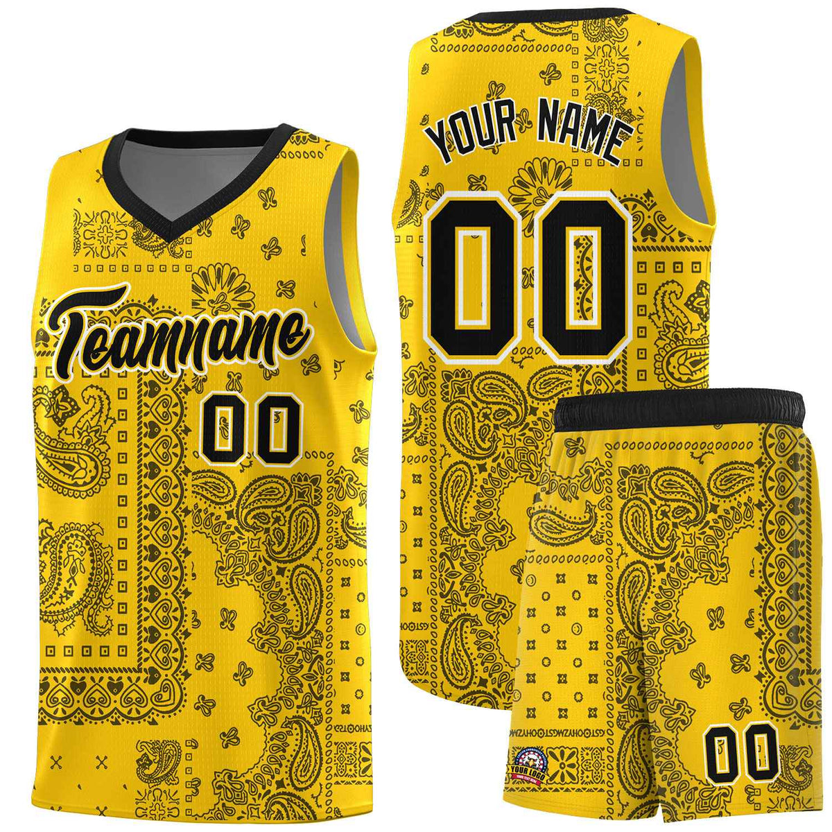 Custom Gold Basketball Kits With Black Cashew Flower Print Pattern
