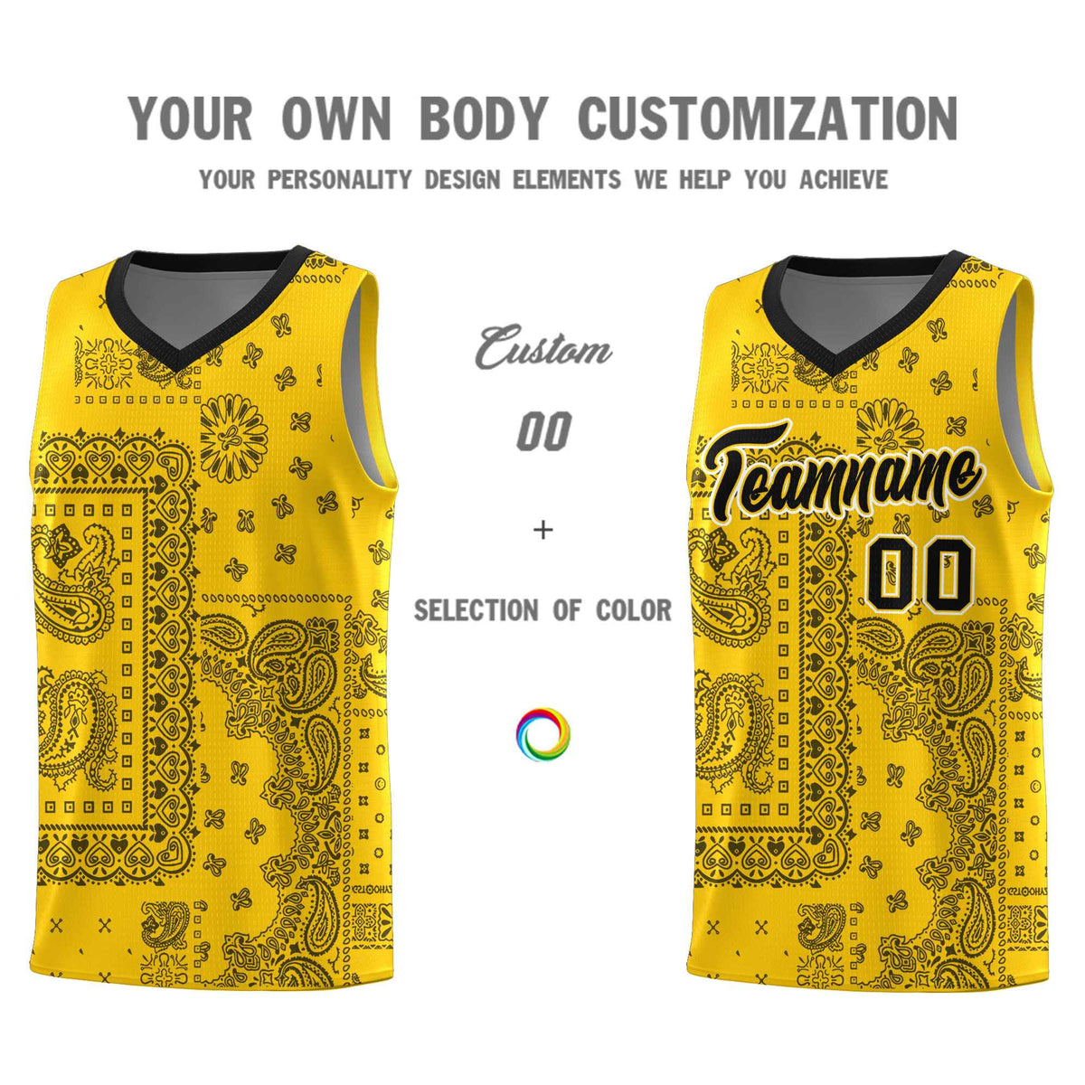 Custom Gold Basketball Kits With Black Cashew Flower Print Pattern
