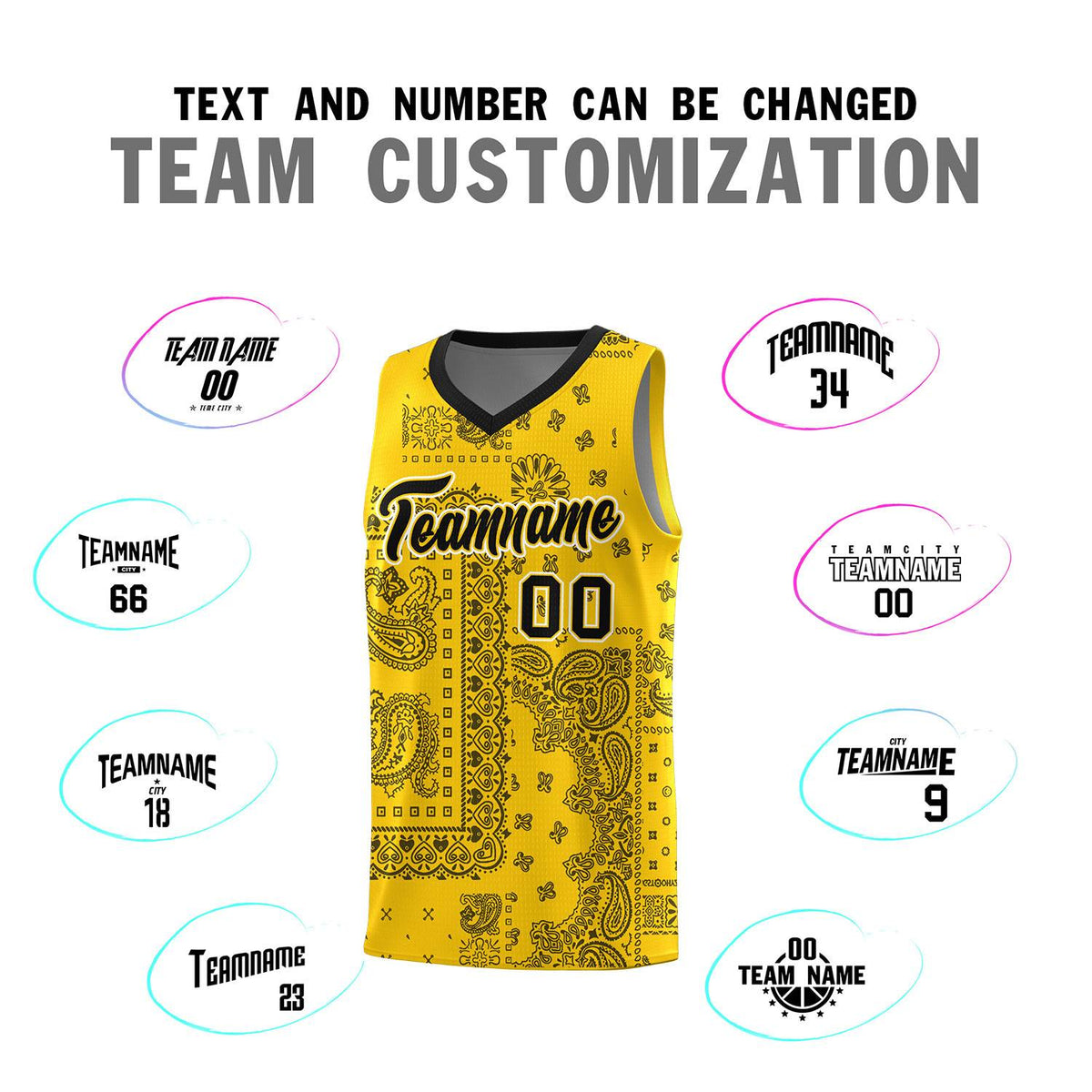 Custom Gold Basketball Kits With Black Cashew Flower Print Pattern