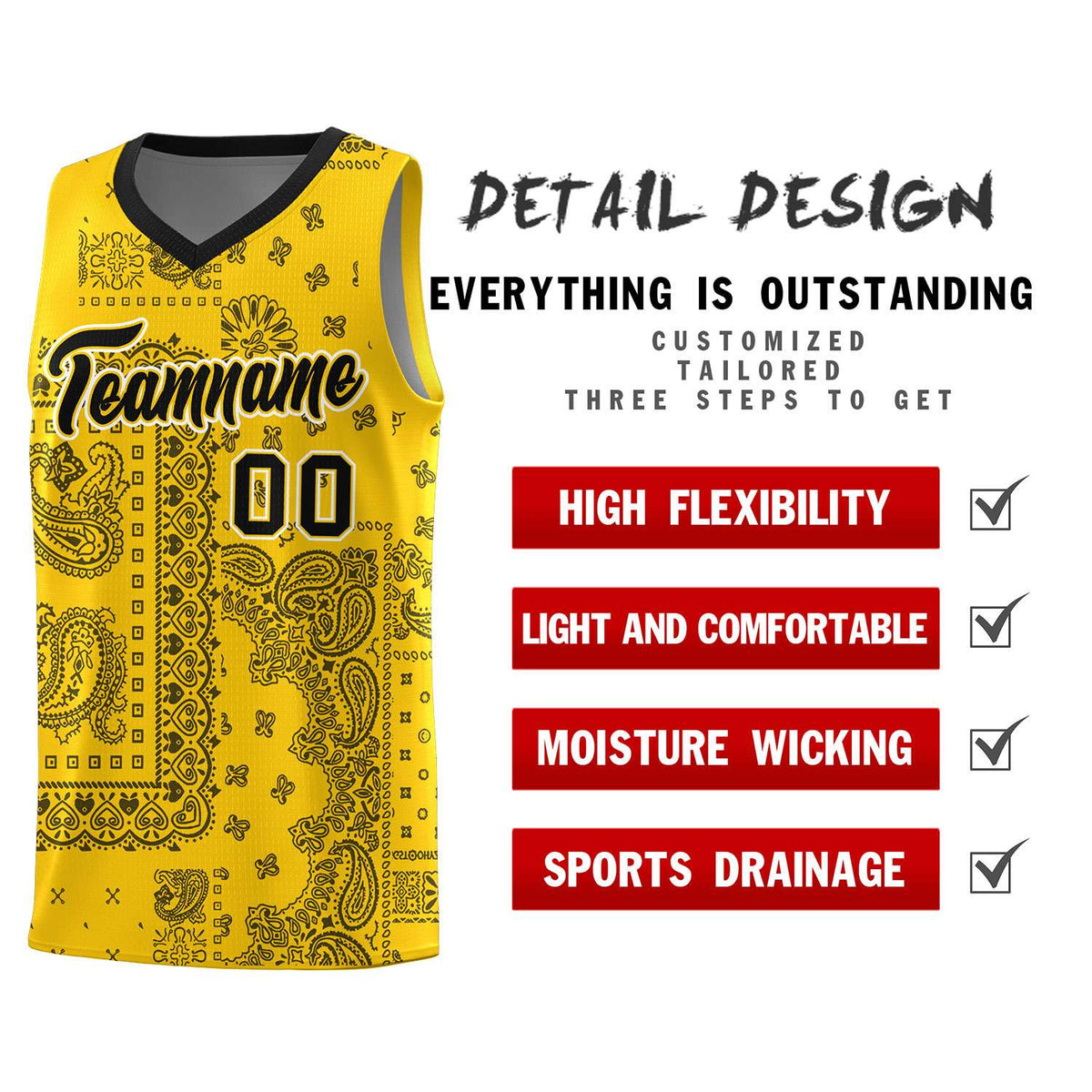Custom Gold Basketball Kits With Black Cashew Flower Print Pattern