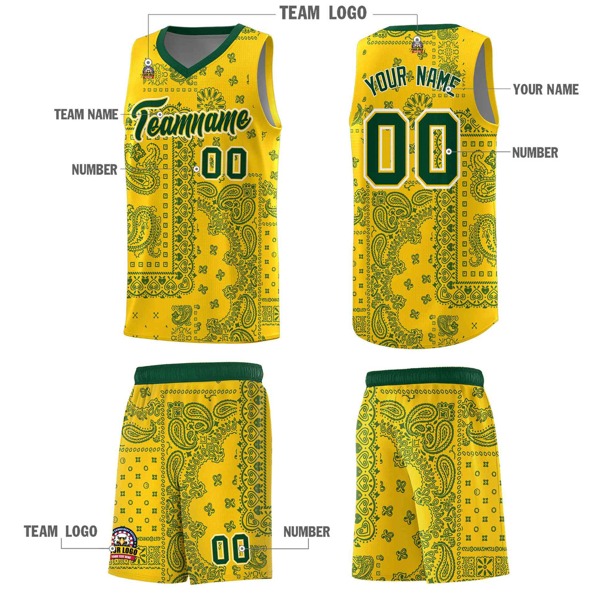 Custom Gold Basketball Kits With Kelly Green Cashew Flower Print Pattern