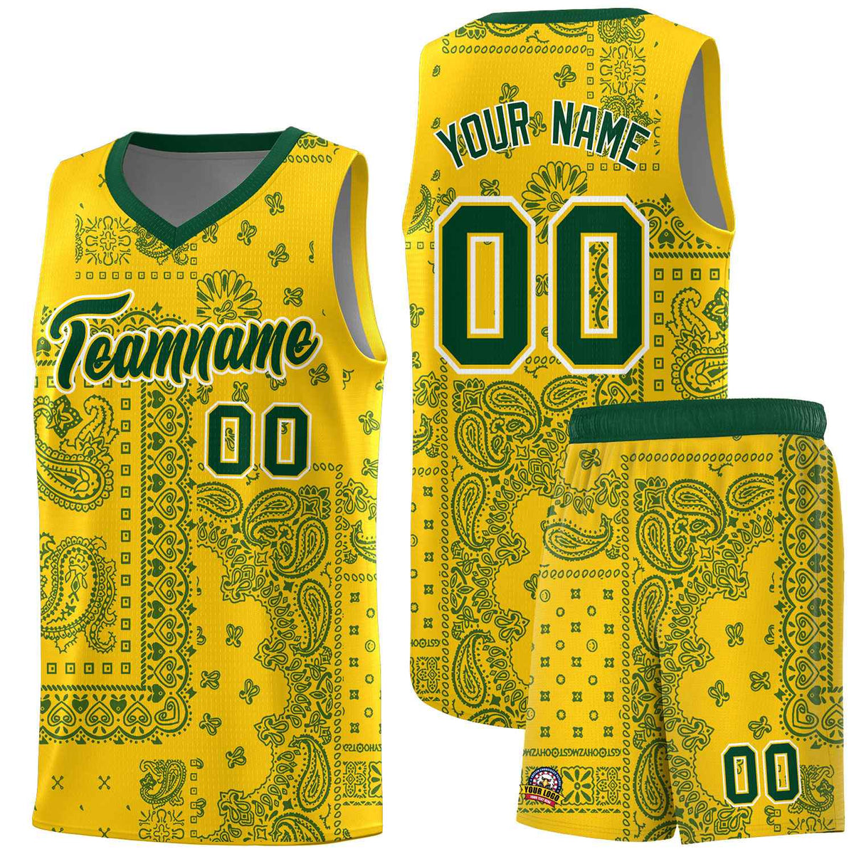 Custom Gold Basketball Kits With Kelly Green Cashew Flower Print Pattern
