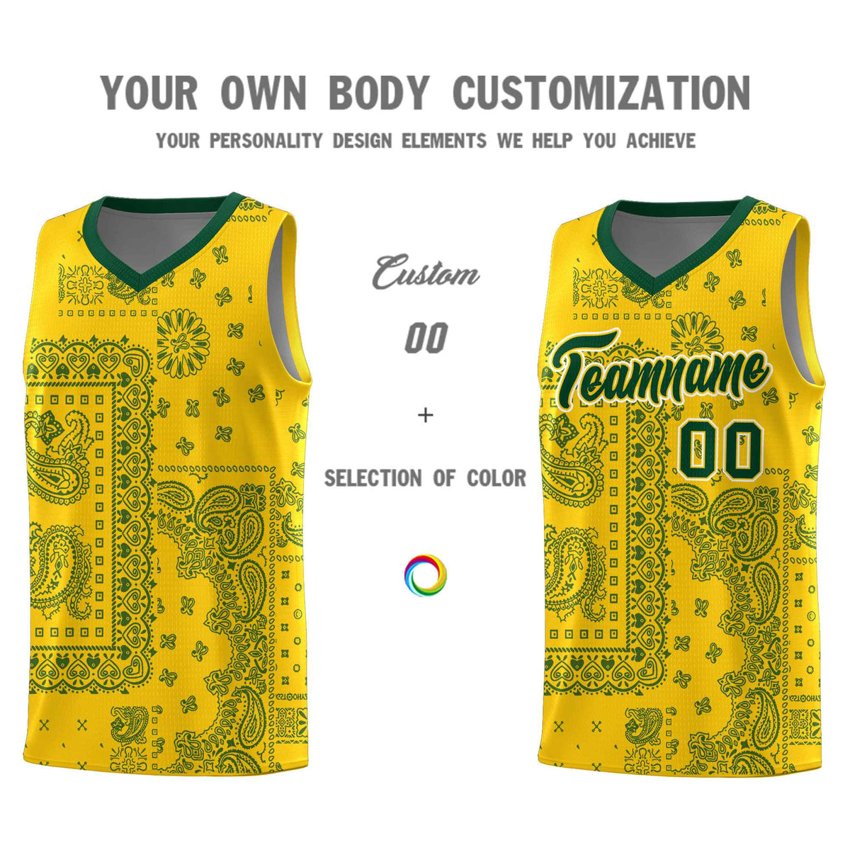 Custom Gold Basketball Kits With Kelly Green Cashew Flower Print Pattern