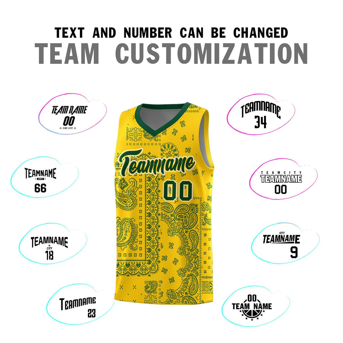 Custom Gold Basketball Kits With Kelly Green Cashew Flower Print Pattern