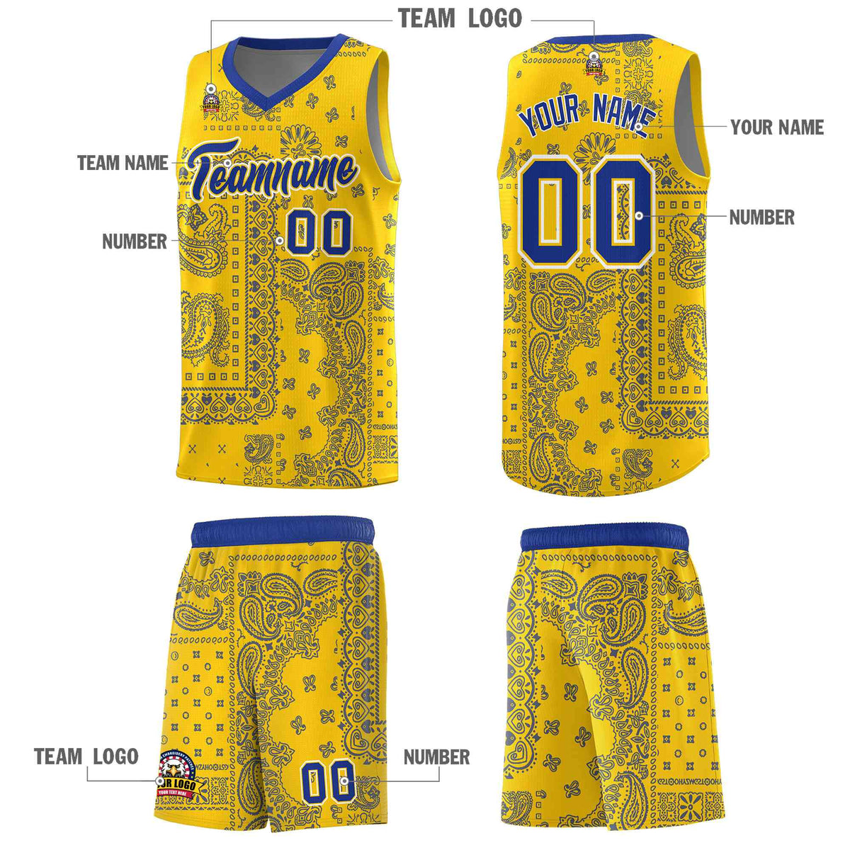 Custom Gold Basketball Kits With Royal Cashew Flower Print Pattern