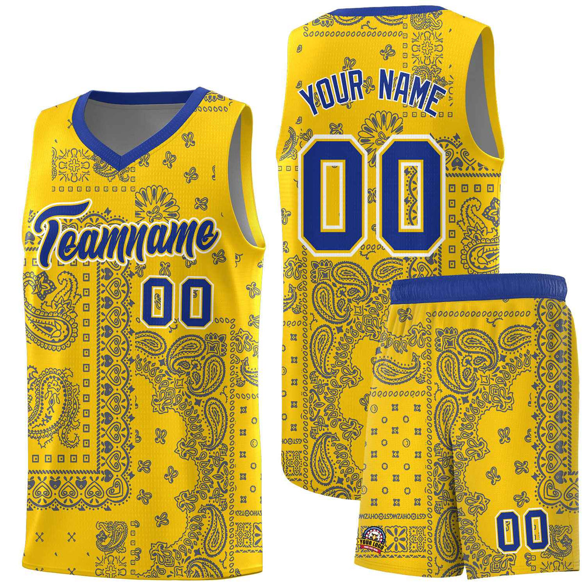 Custom Gold Basketball Kits With Royal Cashew Flower Print Pattern