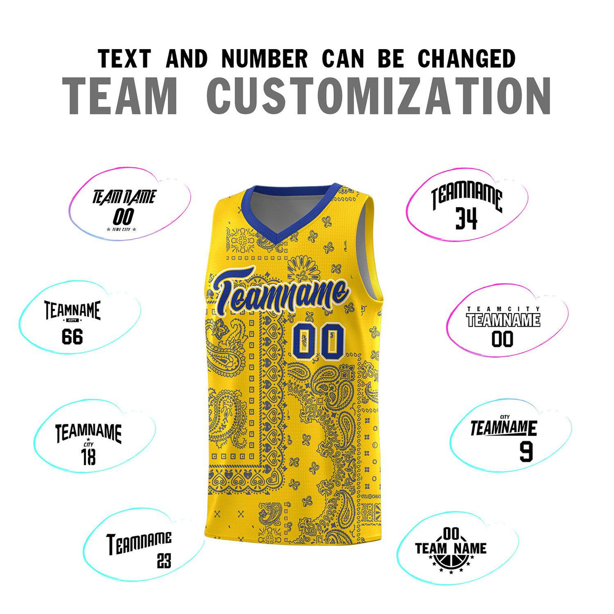 Custom Gold Basketball Kits With Royal Cashew Flower Print Pattern