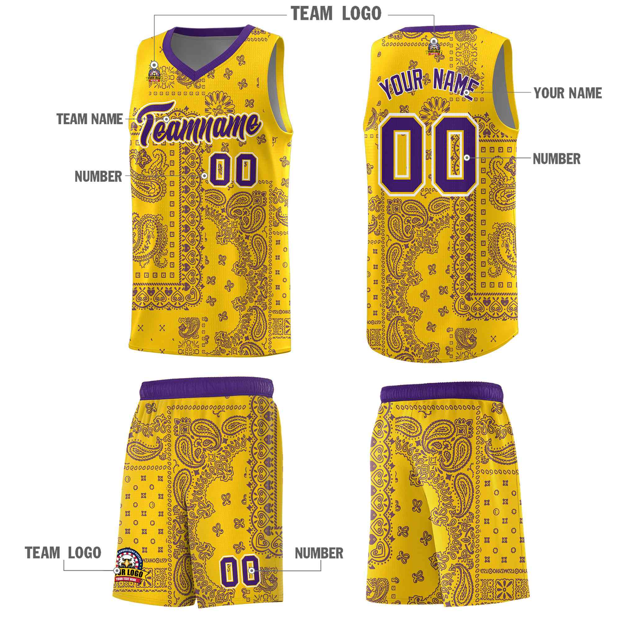 Custom Gold Basketball Kits With Purple Cashew Flower Print Pattern