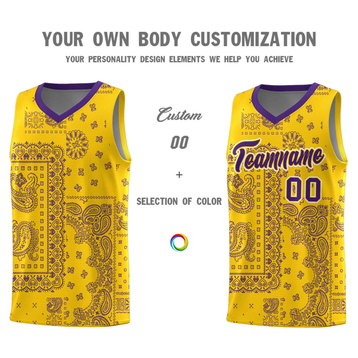 Custom Gold Basketball Kits With Purple Cashew Flower Print Pattern