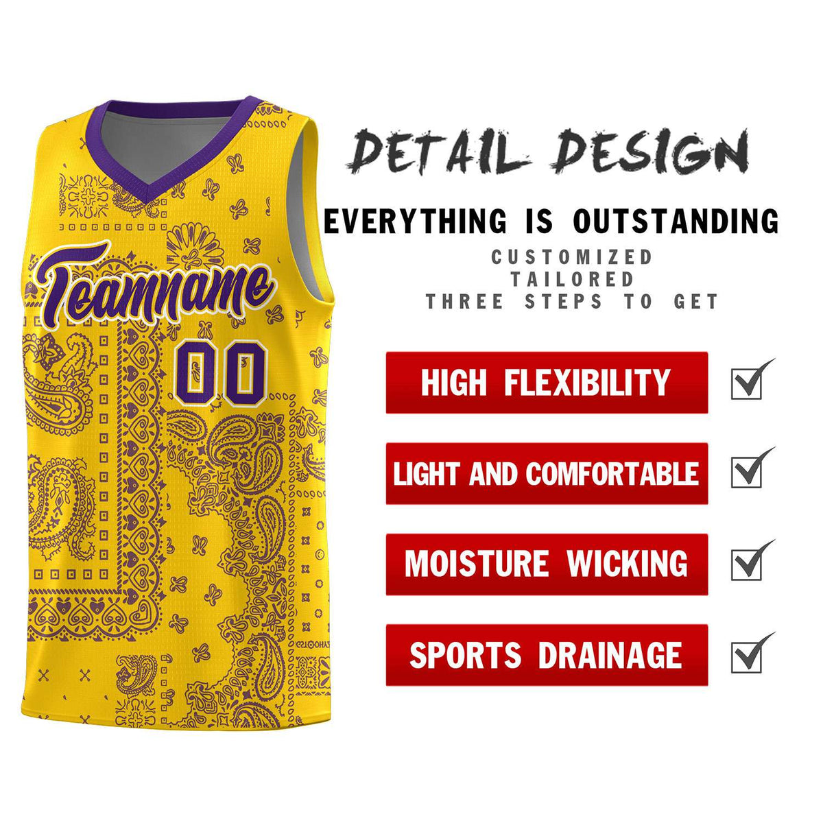 Custom Gold Basketball Kits With Purple Cashew Flower Print Pattern