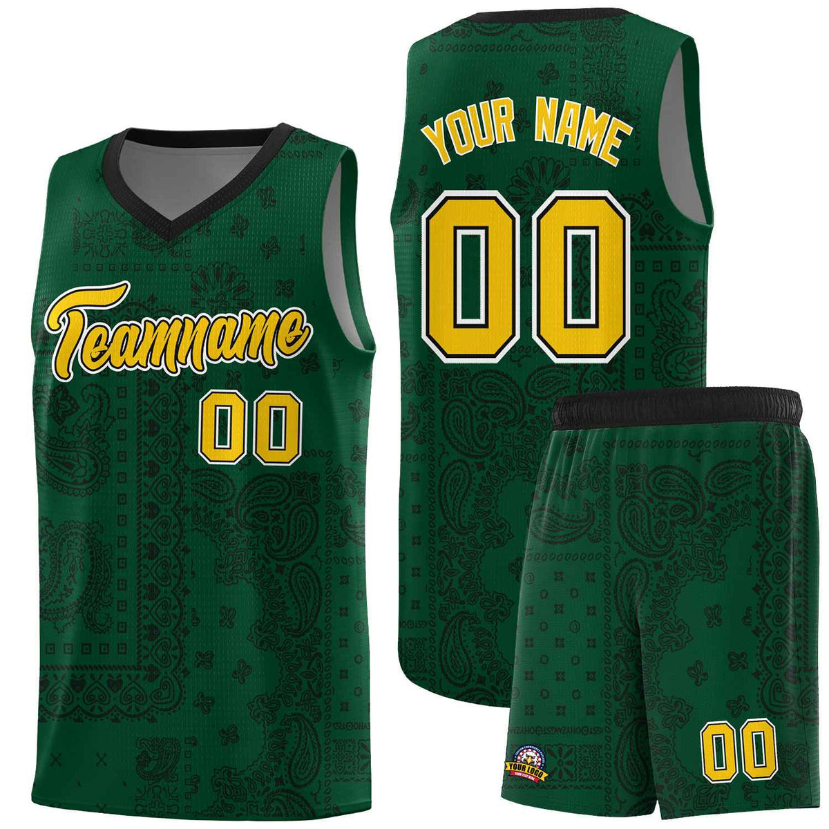 Custom Green Basketball Kits With Black Cashew Flower Print Pattern
