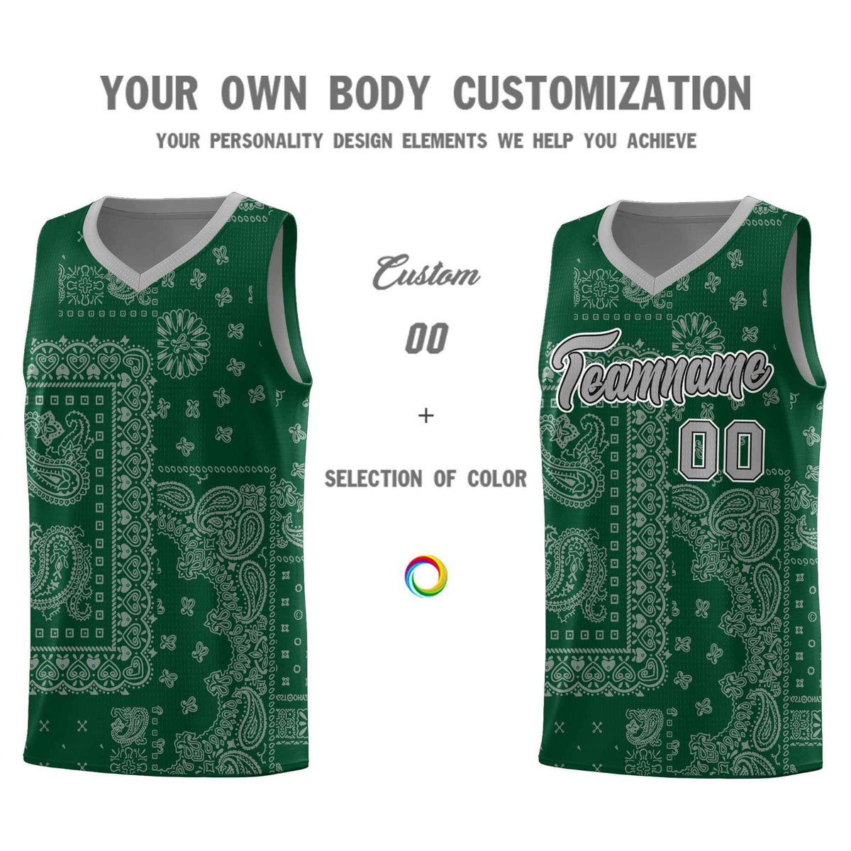 Custom Green Basketball Kits With Silver Gray Cashew Flower Print Pattern
