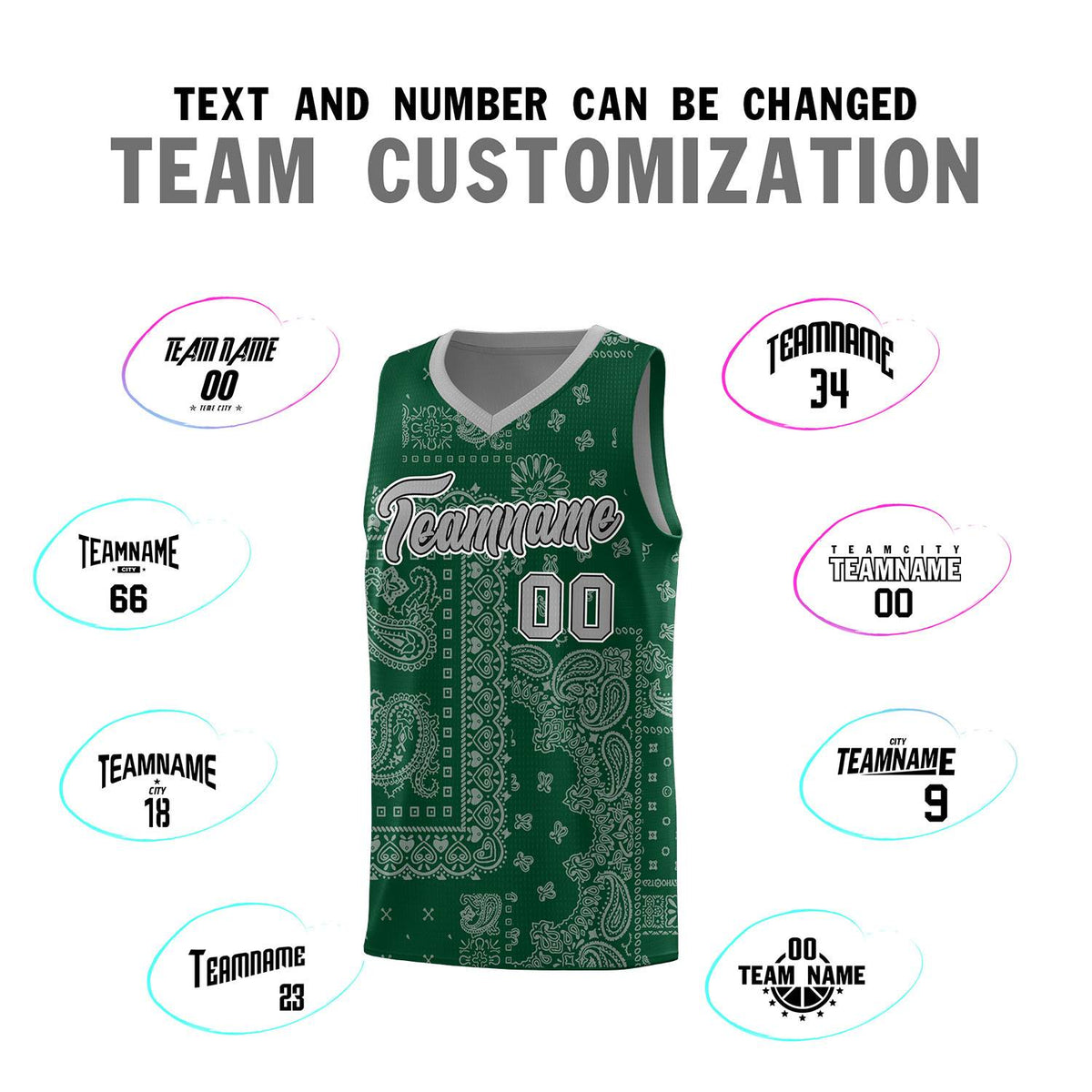 Custom Green Basketball Kits With Silver Gray Cashew Flower Print Pattern