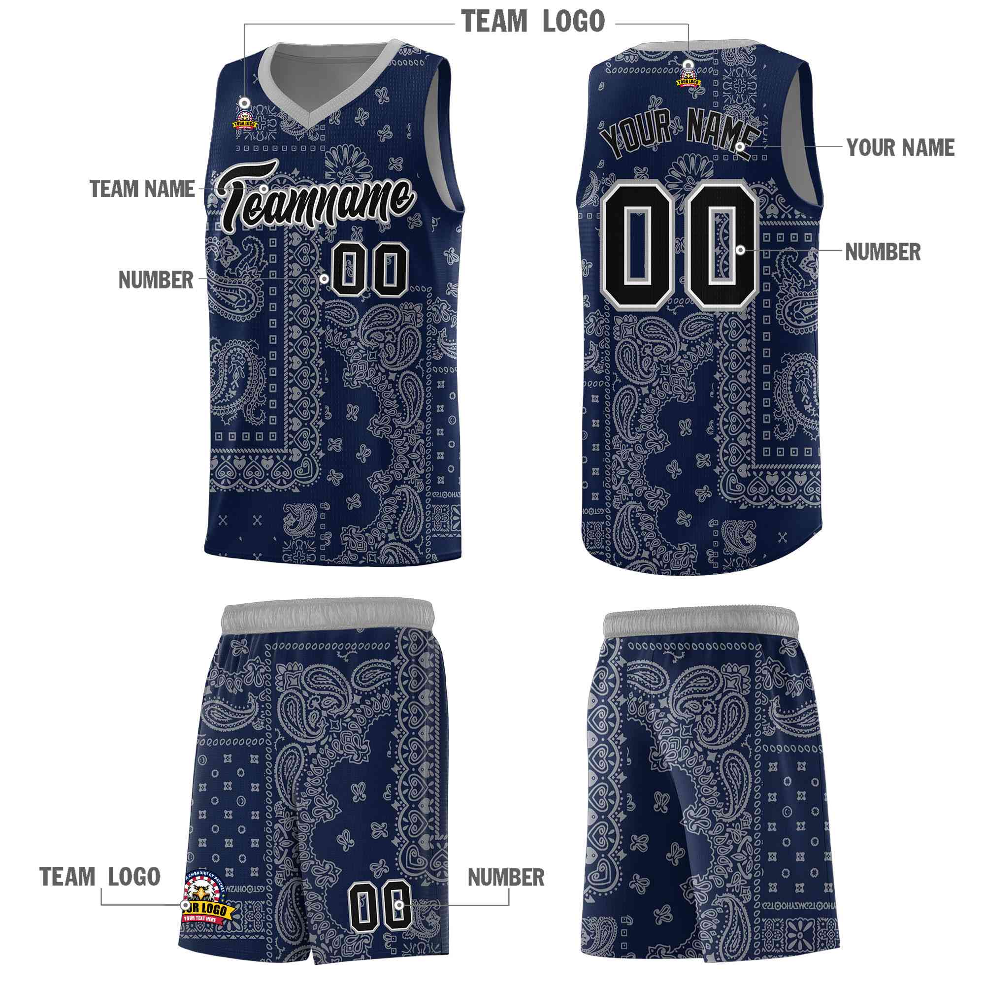 Custom Navy Basketball Kits With Silver Gray Cashew Flower Print Pattern