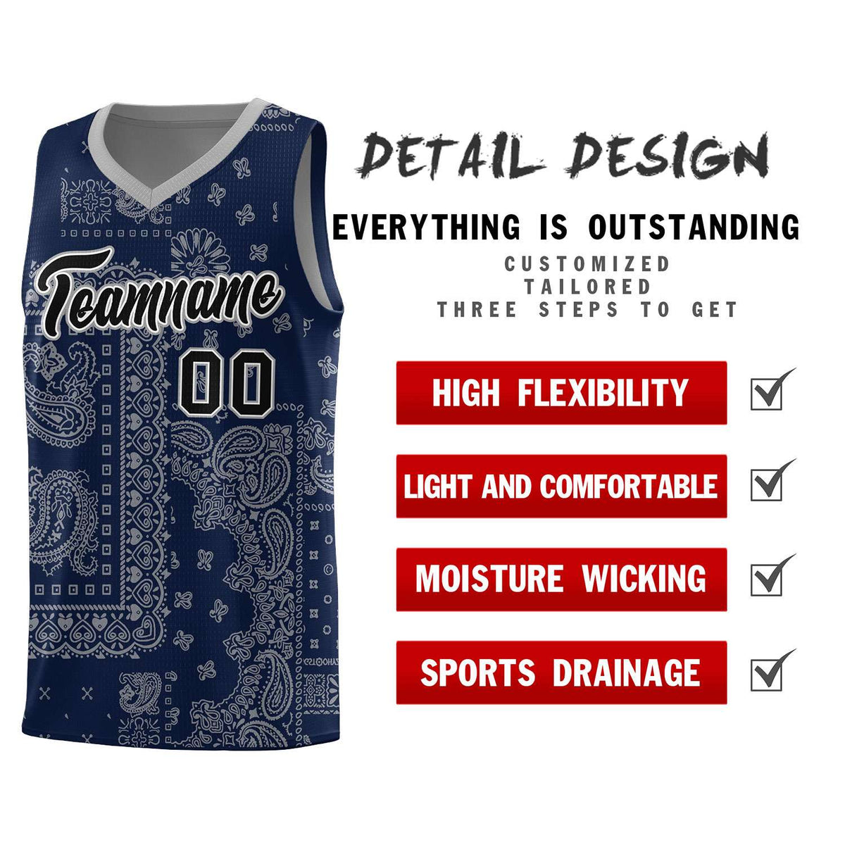 Custom Navy Basketball Kits With Silver Gray Cashew Flower Print Pattern
