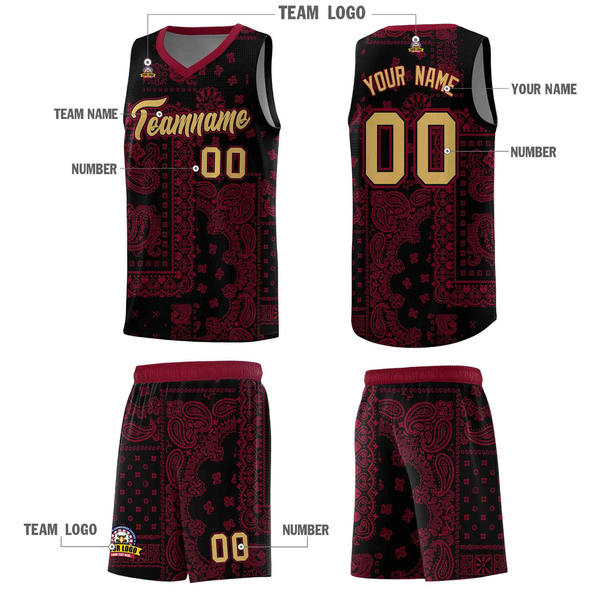 Custom Black Basketball Kits With Crimson Cashew Flower Print Pattern