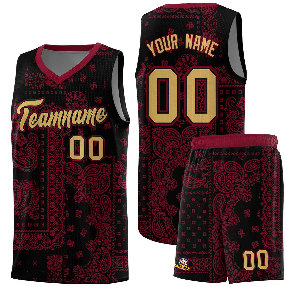 Custom Black Basketball Kits With Crimson Cashew Flower Print Pattern