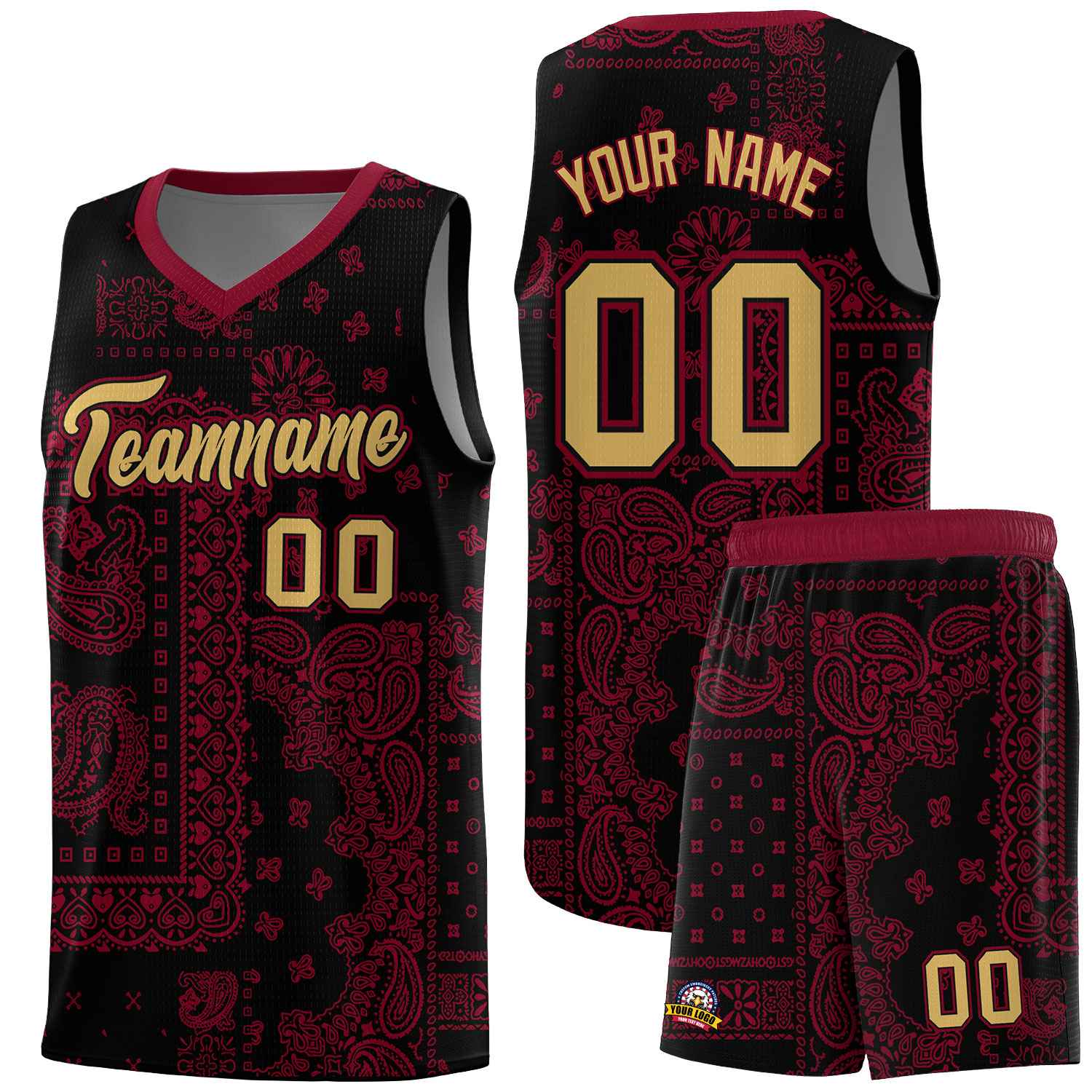 Custom Black Basketball Kits With Crimson Cashew Flower Print Pattern