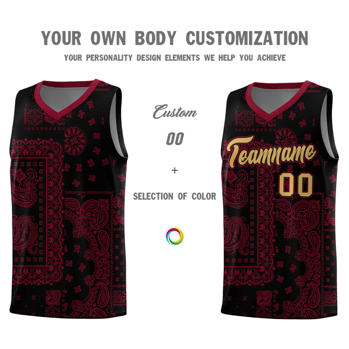 Custom Black Basketball Kits With Crimson Cashew Flower Print Pattern