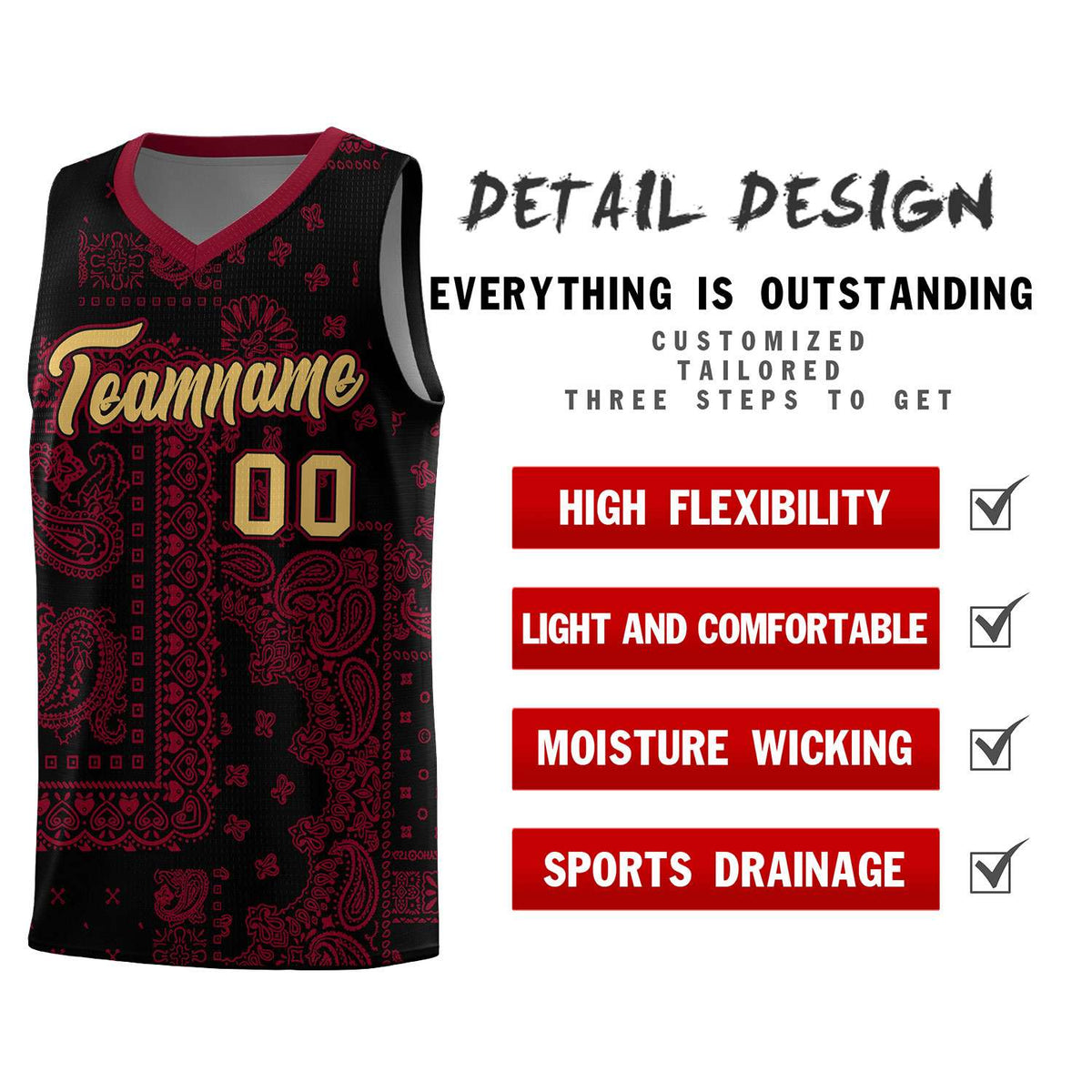 Custom Black Basketball Kits With Crimson Cashew Flower Print Pattern