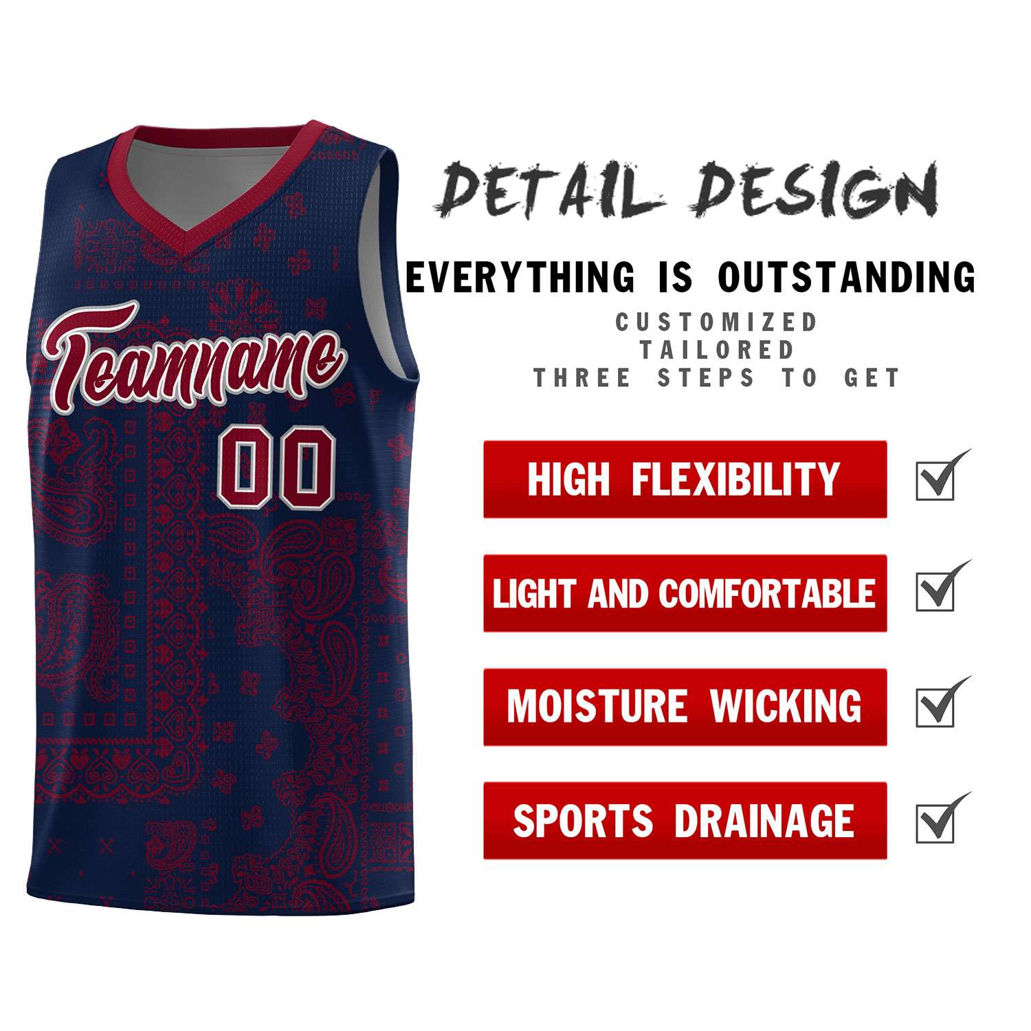 Custom Navy Basketball Kits With Crimson Cashew Flower Print Pattern