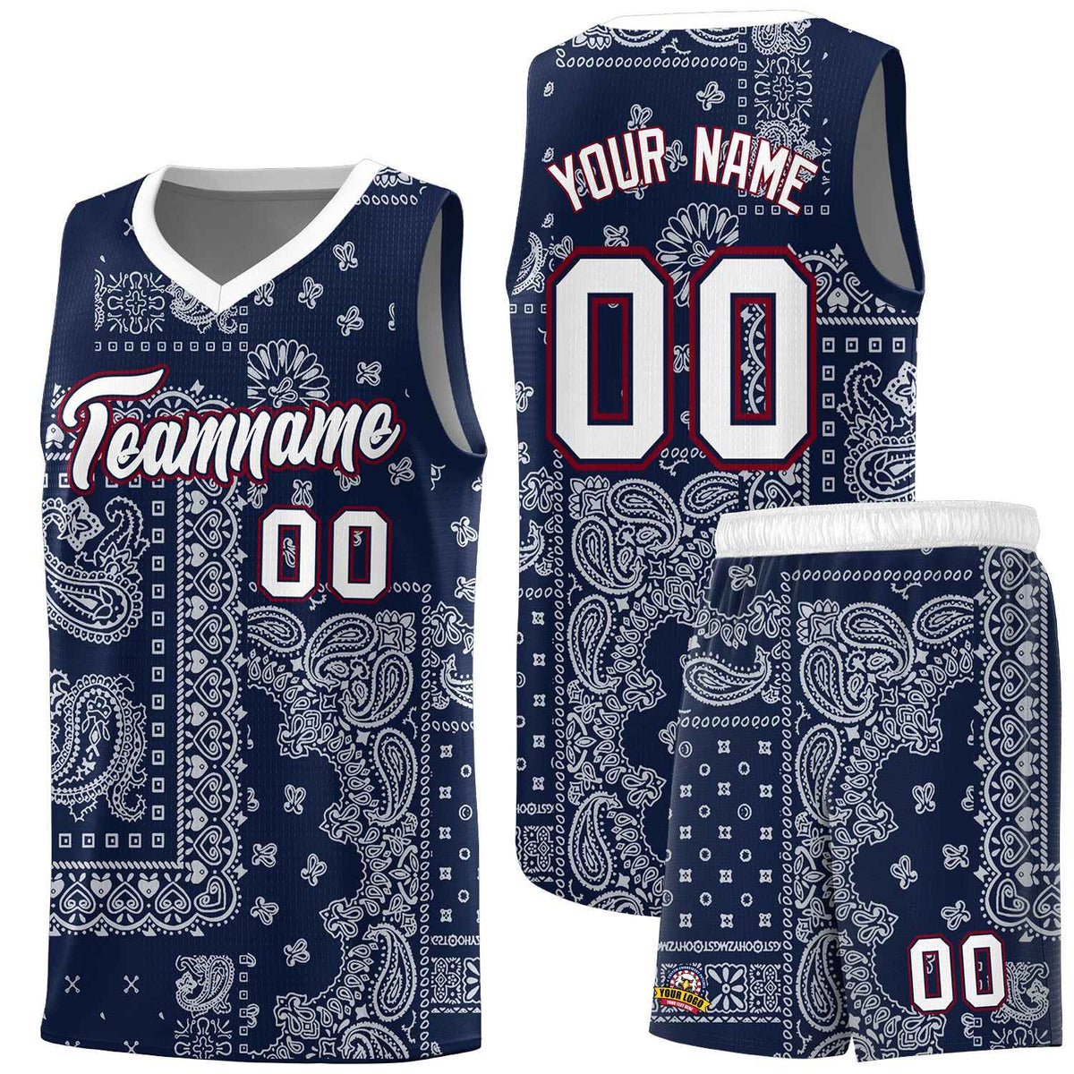 Custom Navy Basketball Kits With White Cashew Flower Print Pattern