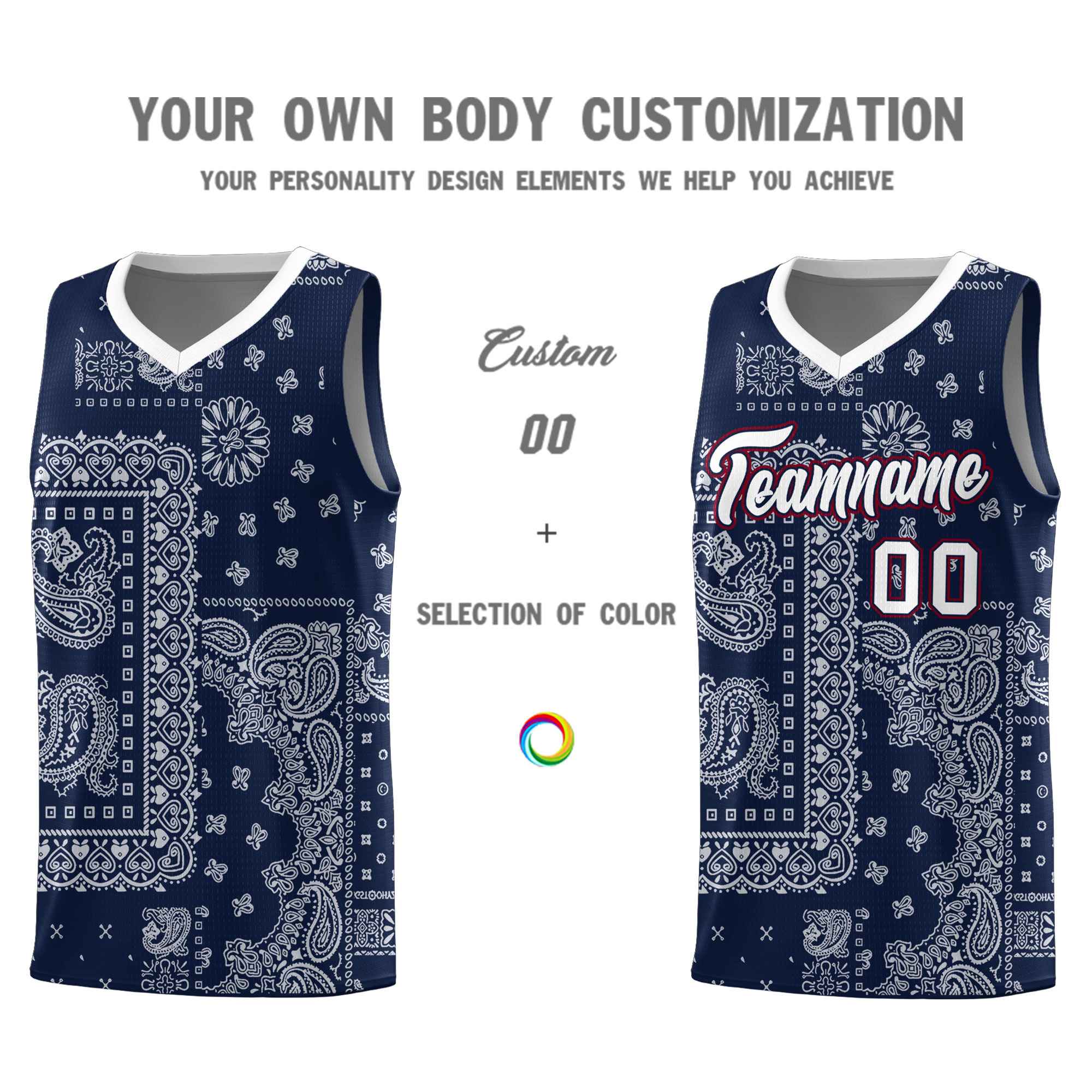 Custom Navy Basketball Kits With White Cashew Flower Print Pattern