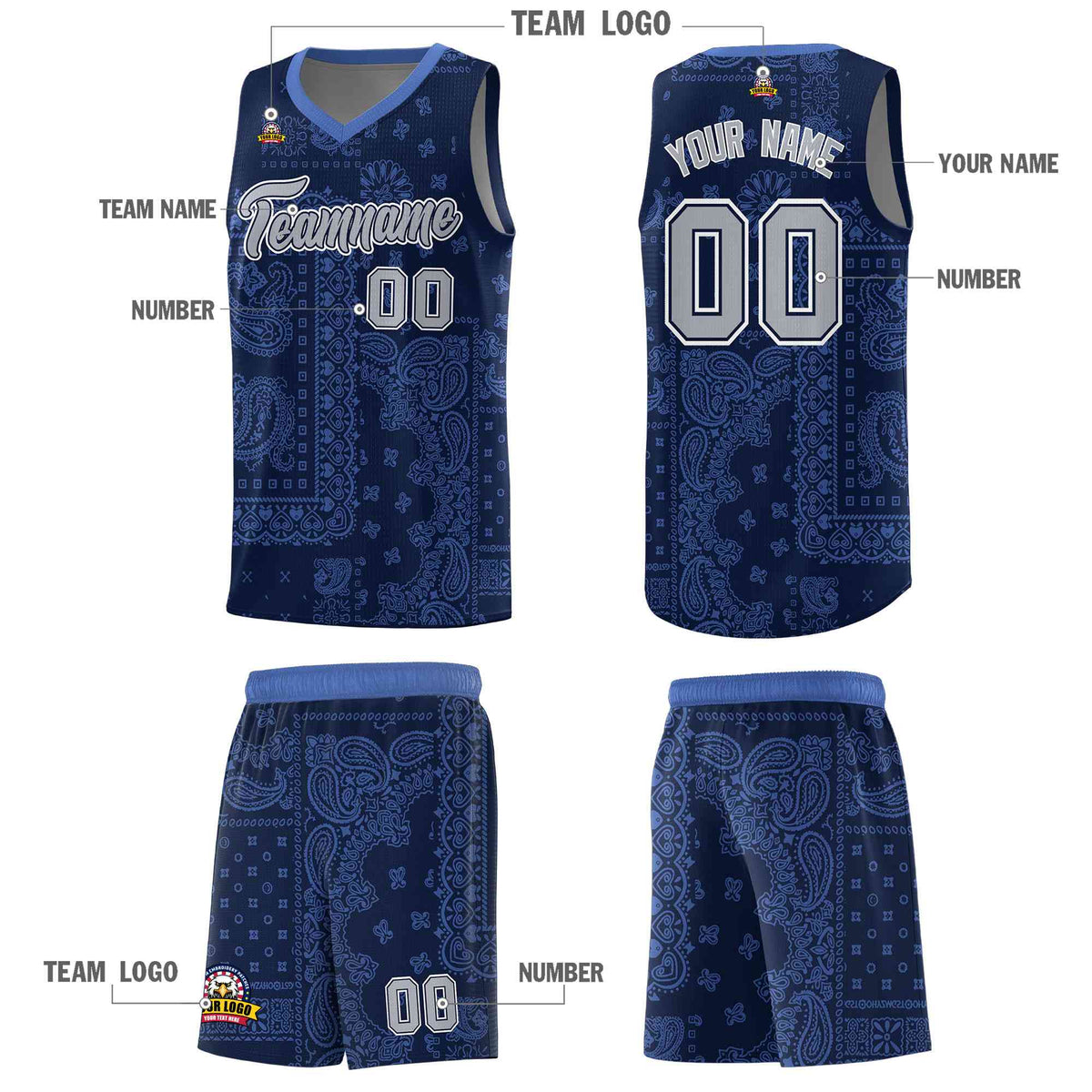 Custom Navy Basketball Kits With Light Blue Cashew Flower Print Pattern