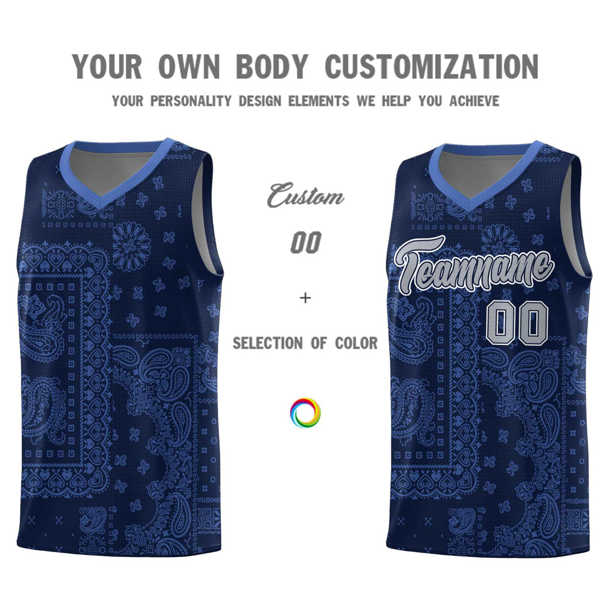 Custom Navy Basketball Kits With Light Blue Cashew Flower Print Pattern