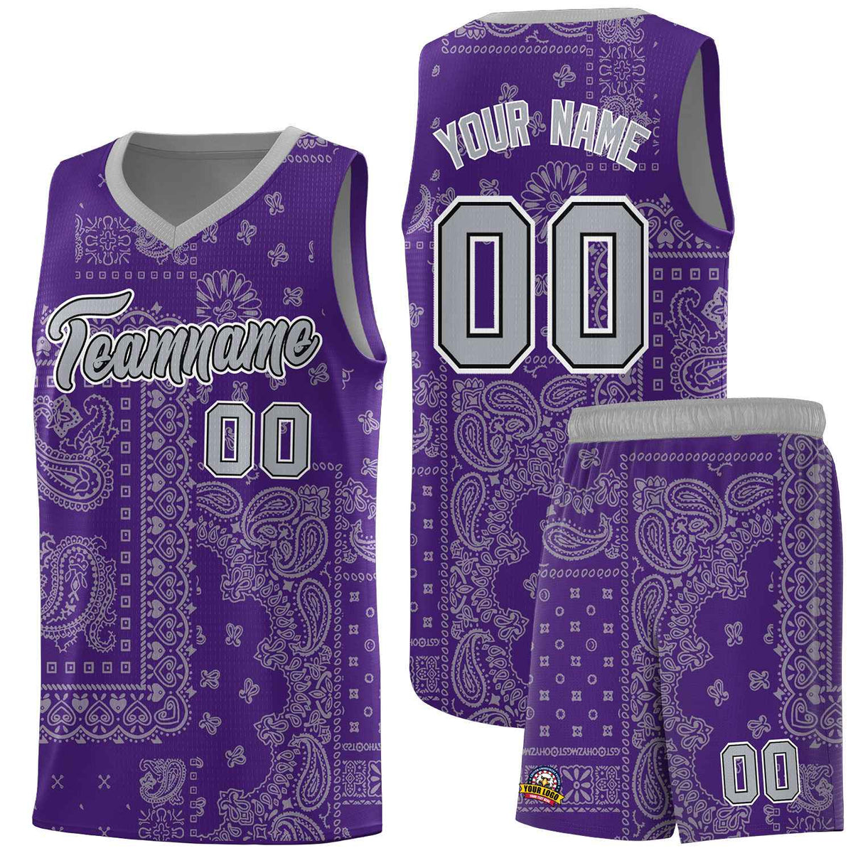 Custom Purple Basketball Kits With Gray Cashew Flower Print Pattern