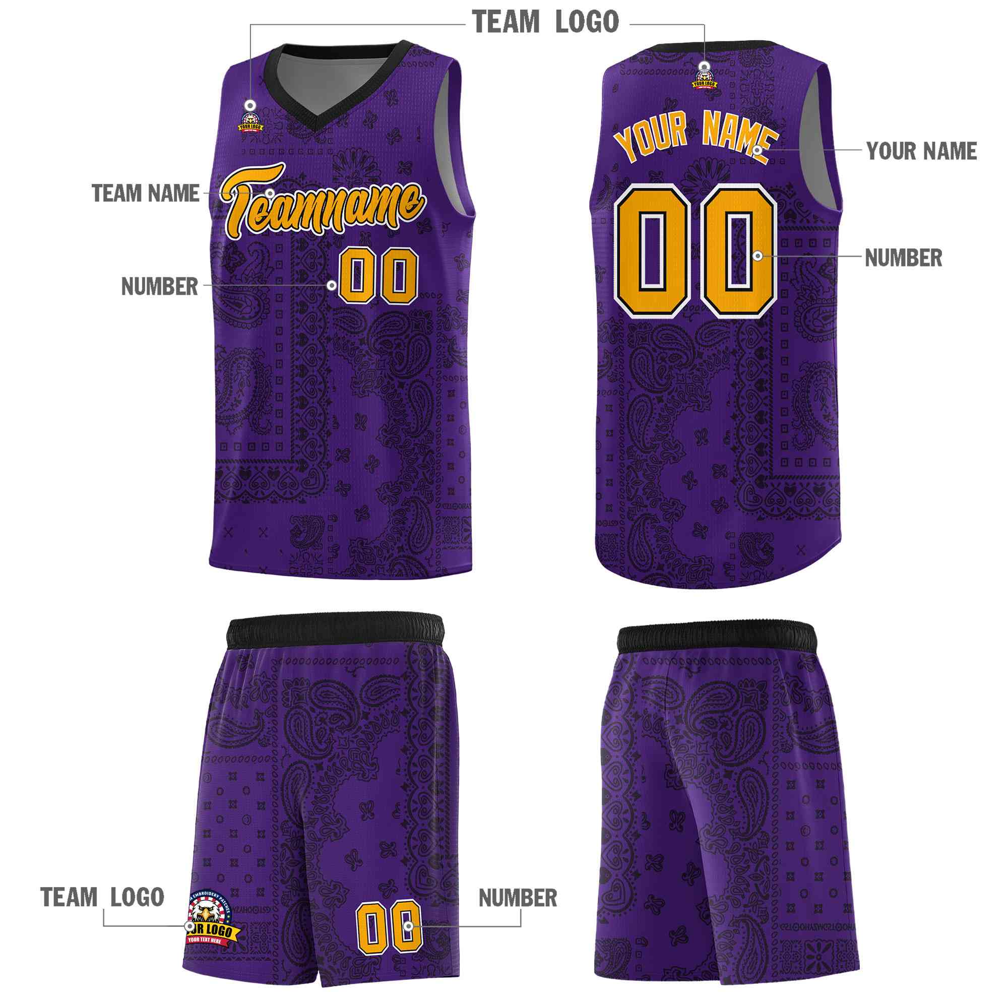 Custom Purple Basketball Kits With Black Cashew Flower Print Pattern