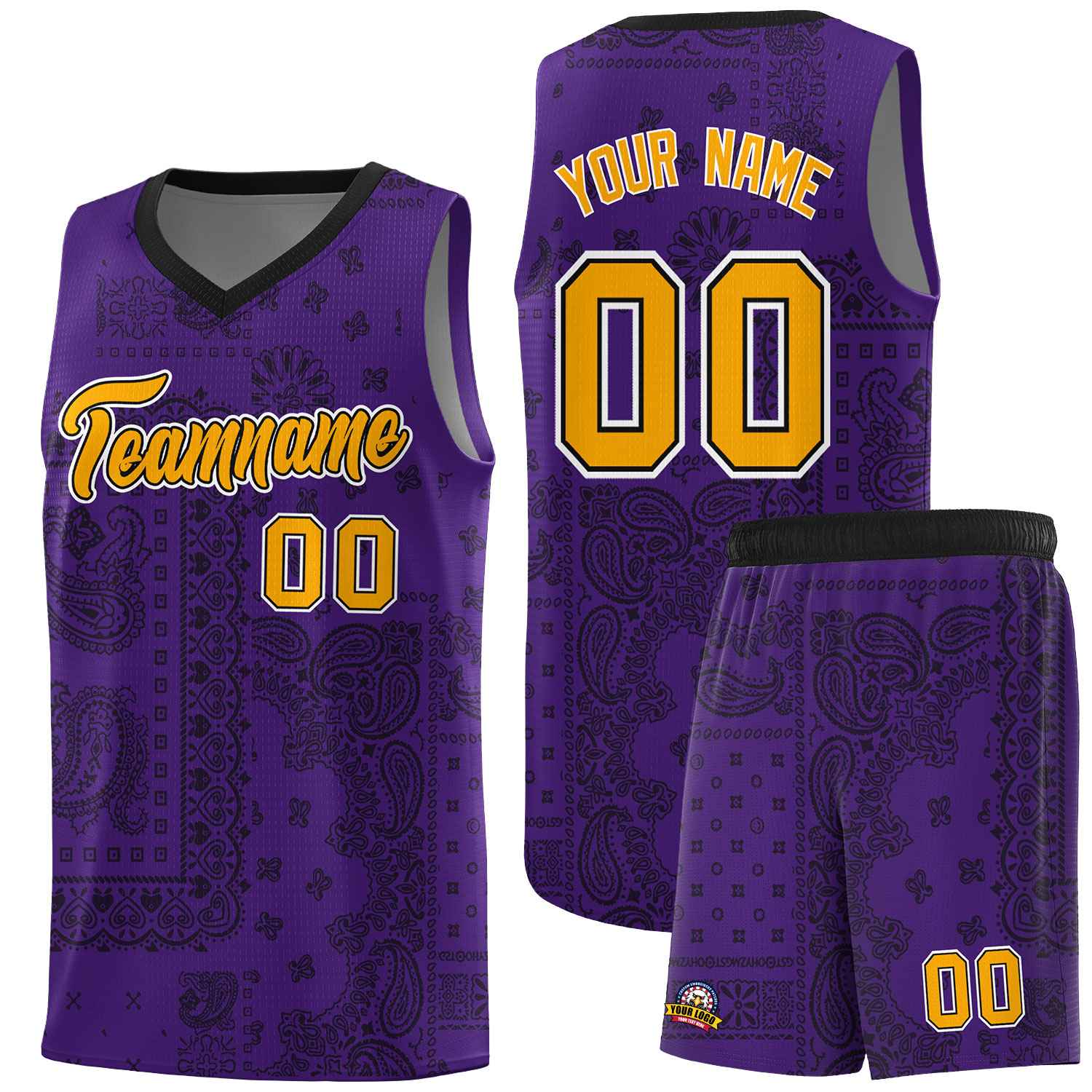 Custom Purple Basketball Kits With Black Cashew Flower Print Pattern