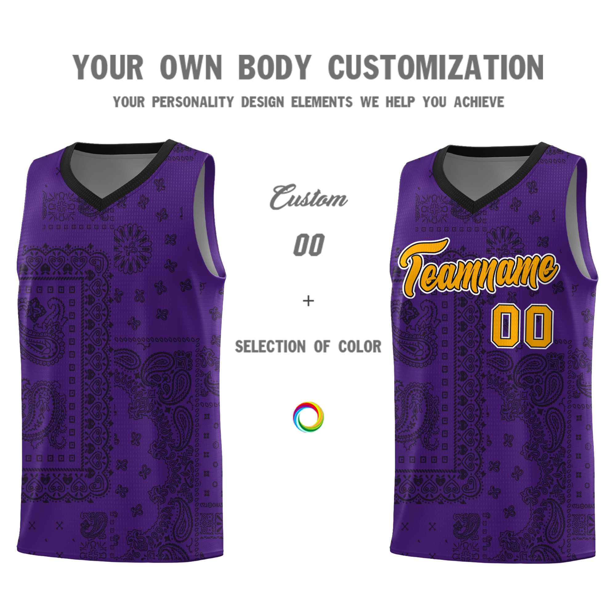 Custom Purple Basketball Kits With Black Cashew Flower Print Pattern