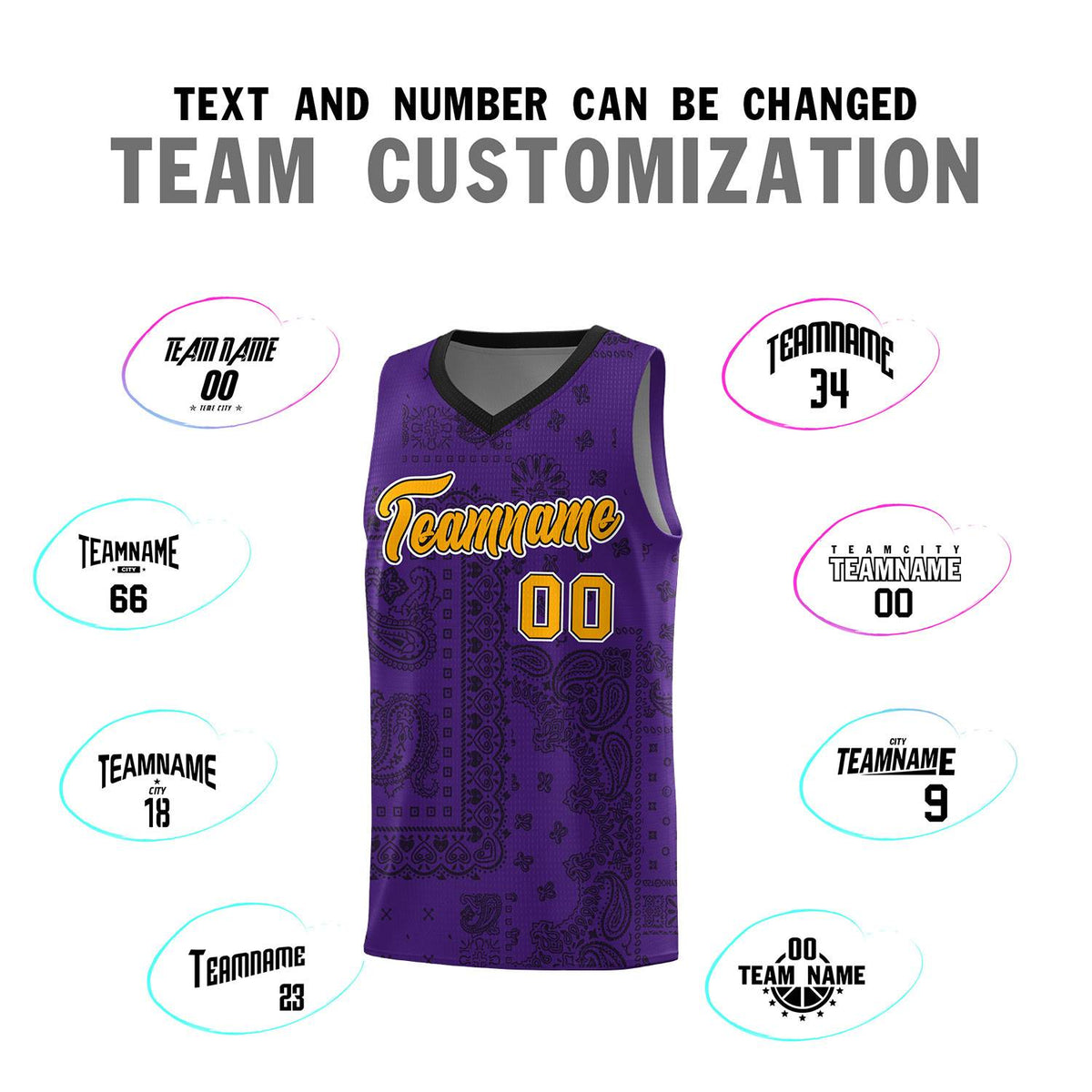 Custom Purple Basketball Kits With Black Cashew Flower Print Pattern