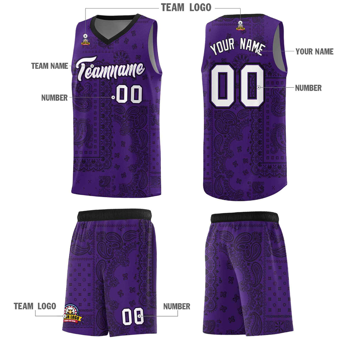 Custom Purple Basketball Kits With Black Cashew Flower Print Pattern