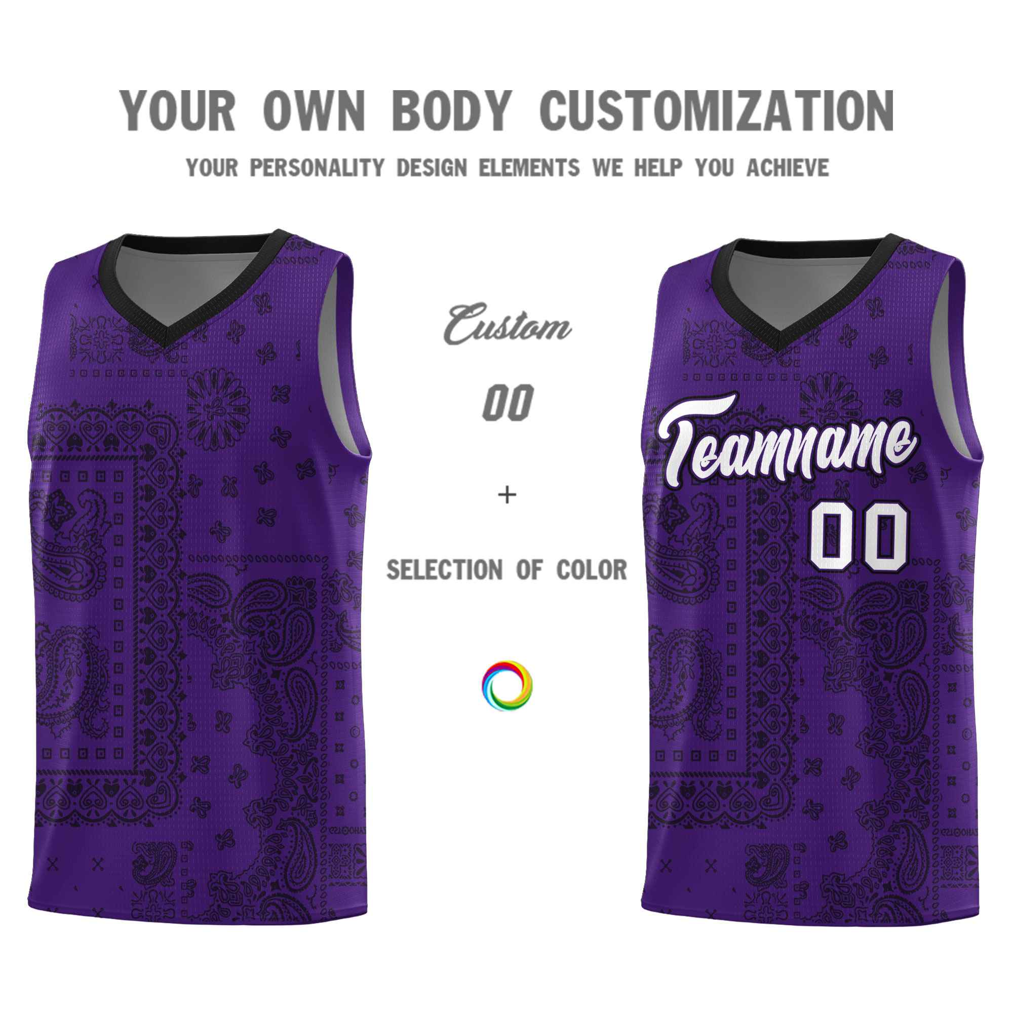 Custom Purple Basketball Kits With Black Cashew Flower Print Pattern